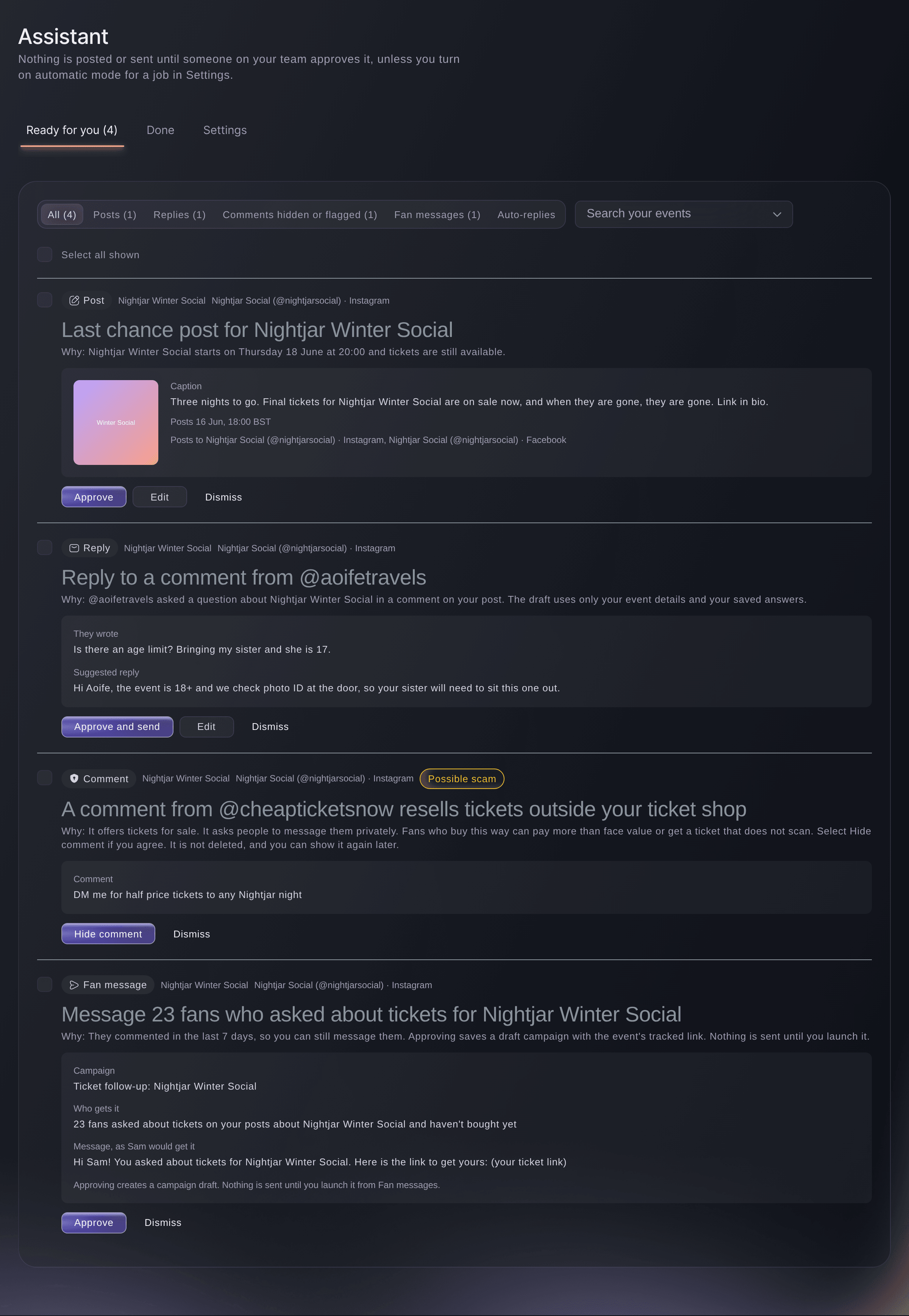 Ticket Fairy Social Assistant Ready for you list with a last chance post, a suggested reply to a fan, a possible ticket scam and a fan follow-up, each with the reason it was suggested