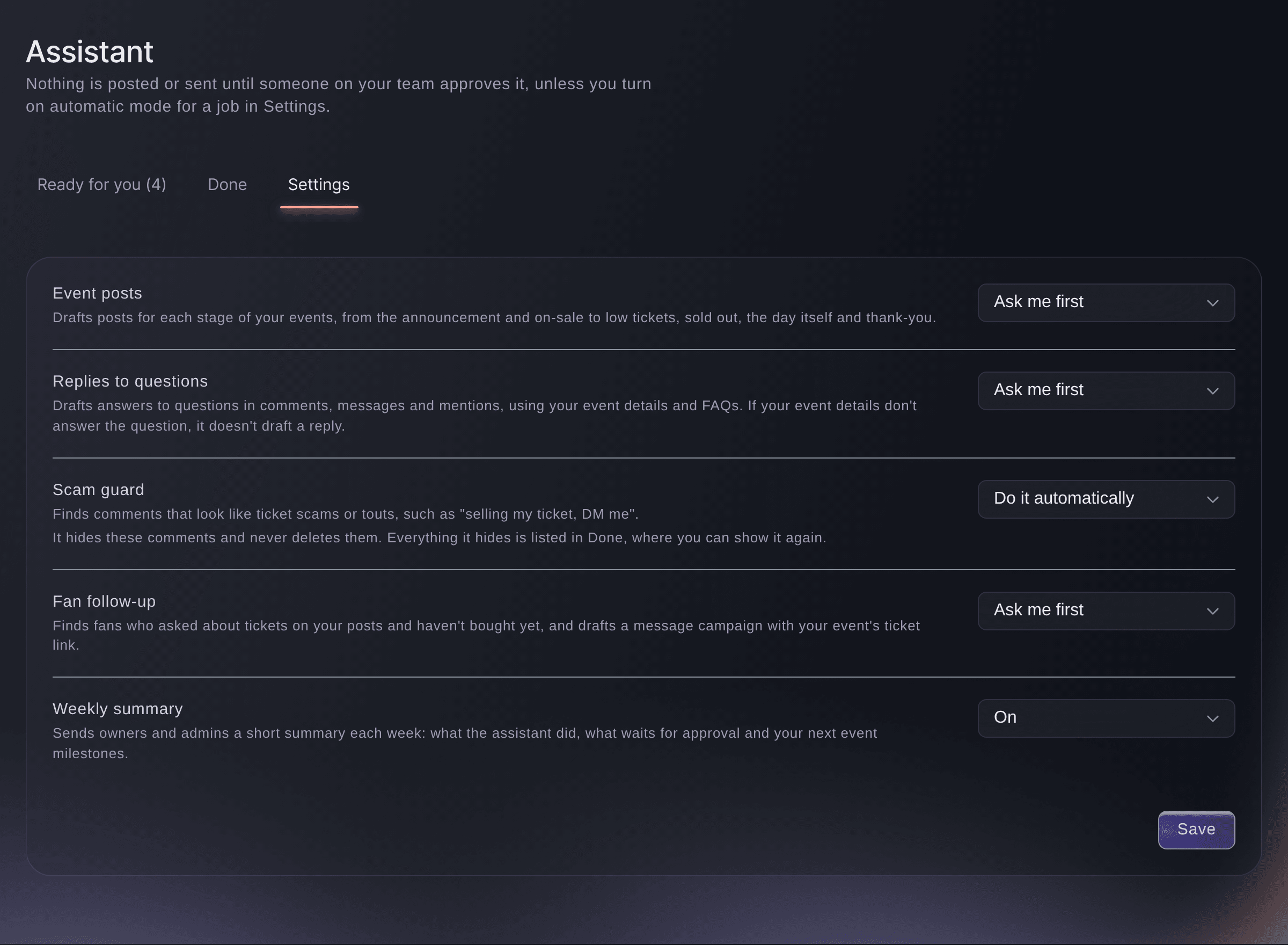 Ticket Fairy Social Assistant settings with Ask me first for event posts, replies and fan follow-up, Do it automatically for the scam guard and the weekly summary on