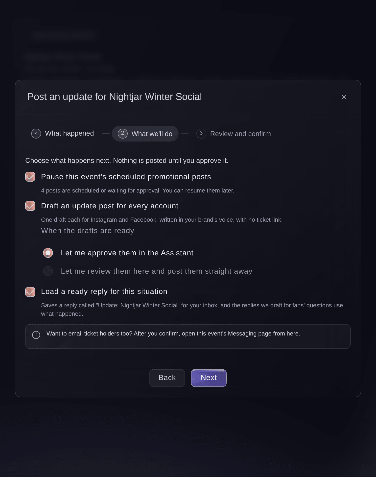 Ticket Fairy Post an update dialog with pause scheduled promotional posts, draft an update post for every account and load a ready reply all ticked