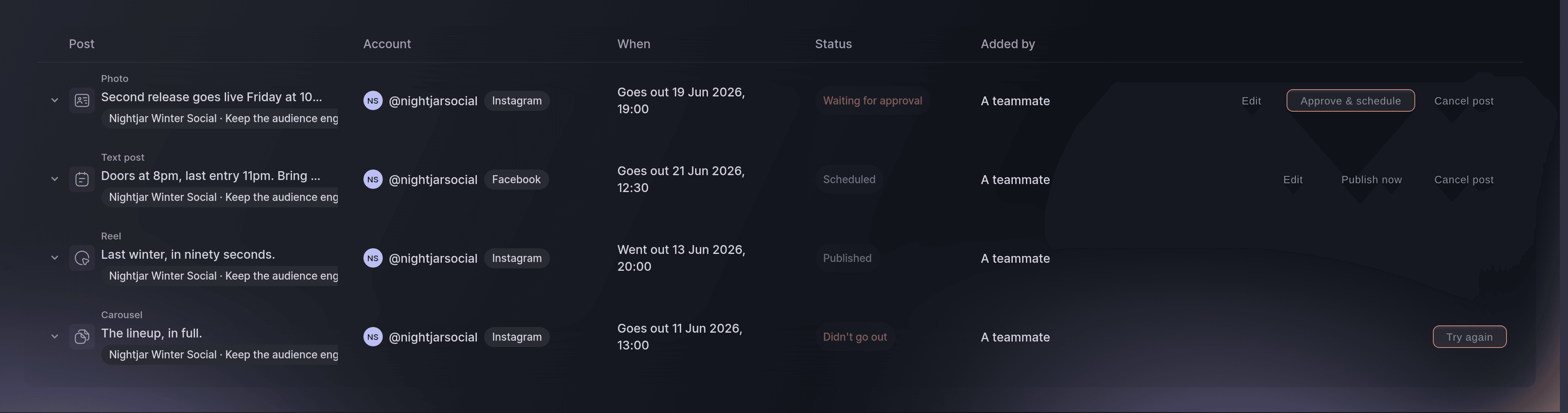 Ticket Fairy social publishing queue listing posts with their account, send time and status, including one waiting for approval and one that failed