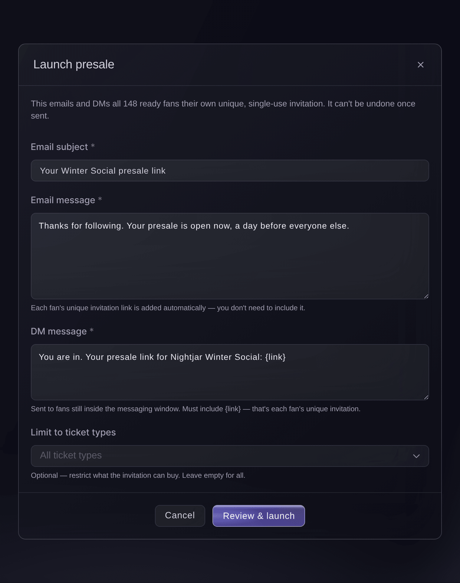 Diálogo Lanzar preventa de Ticket Fairy con el asunto del correo, el mensaje del correo, el mensaje directo y el tipo de boleto