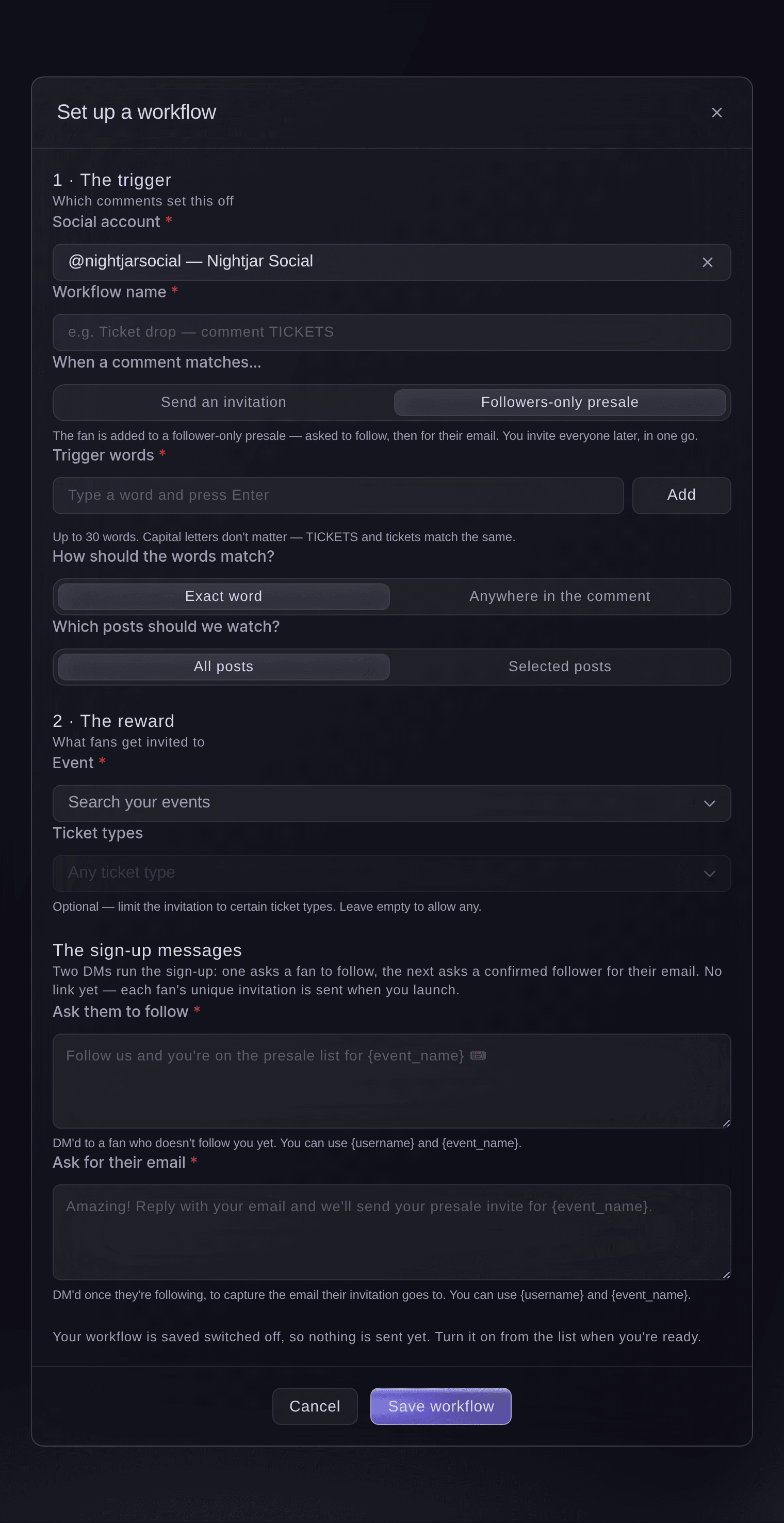 Diálogo Configurar una automatización de Ticket Fairy para una preventa solo para seguidores, con las palabras clave, el evento y los mensajes de registro