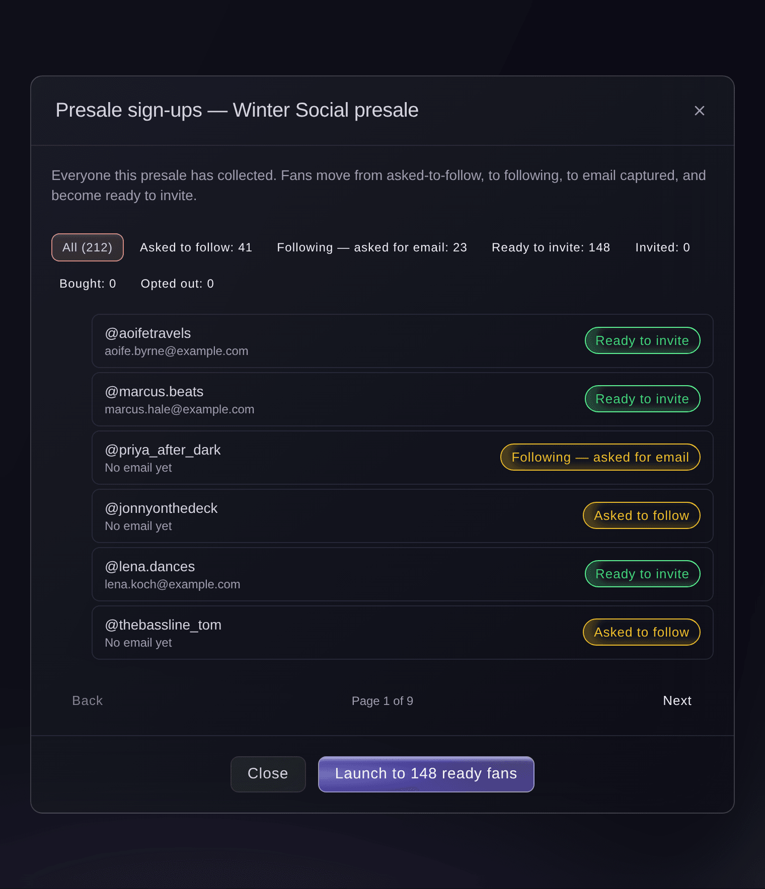 Ticket Fairy presale sign-ups list with fans asked to follow, asked for their email and ready to invite, and the launch button