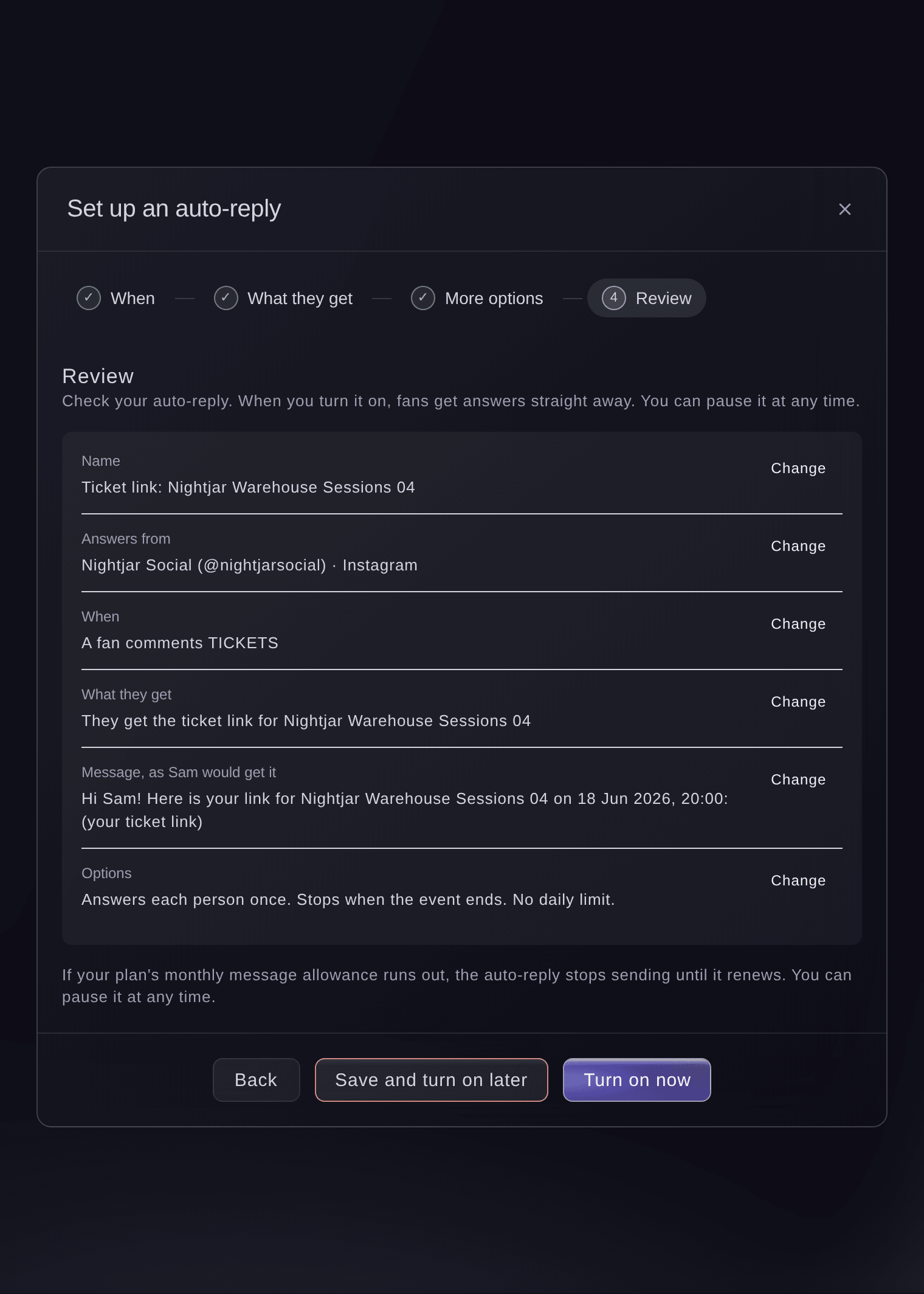 Ticket Fairy Set up an auto-reply review step showing the account, the keyword TICKETS, the ticket link for the event and the message as a fan would get it