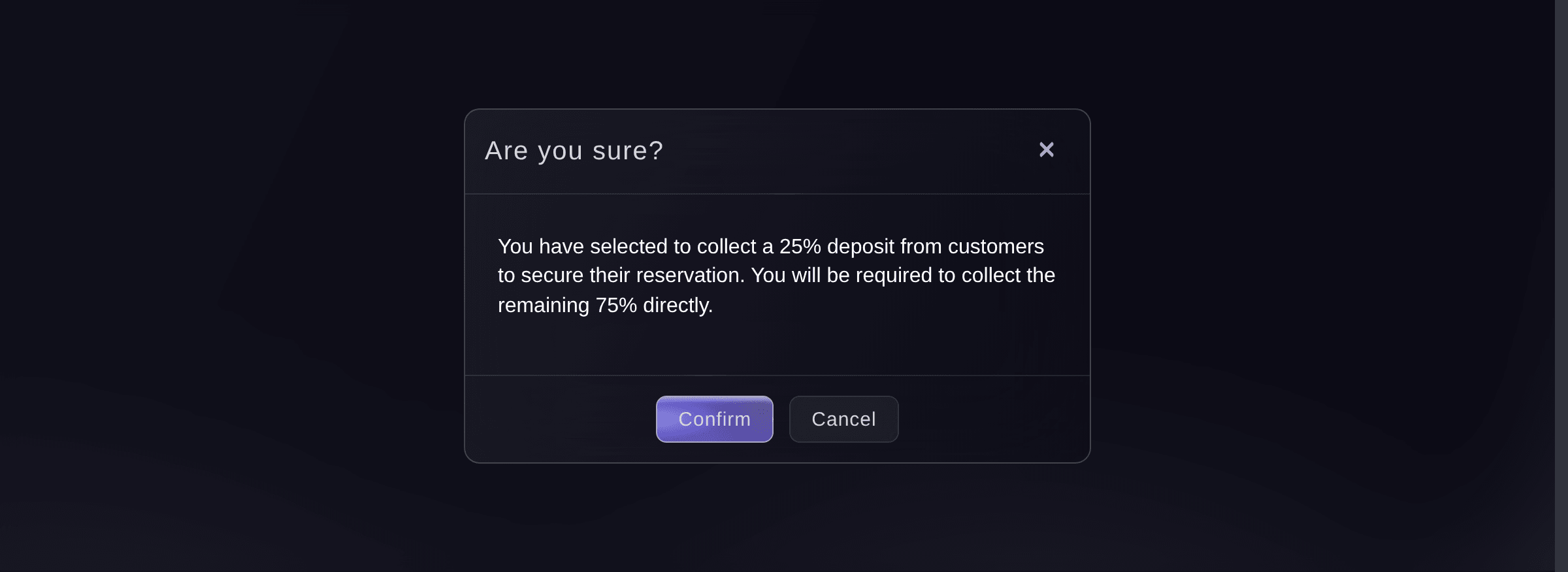 Ticket Fairy confirmation asking you to approve a 25% online deposit on a table type