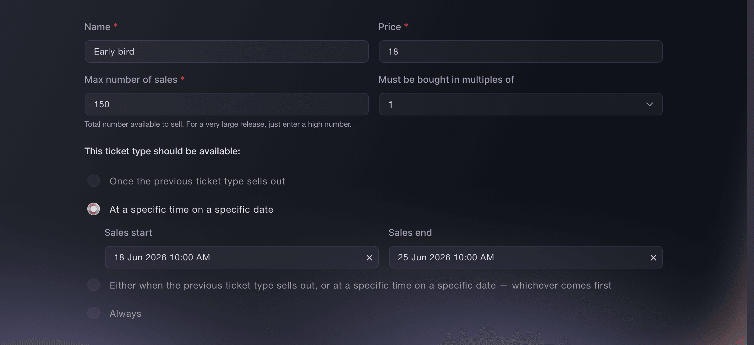 Ticket Fairy Early bird ticket with its price, allocation and sale window