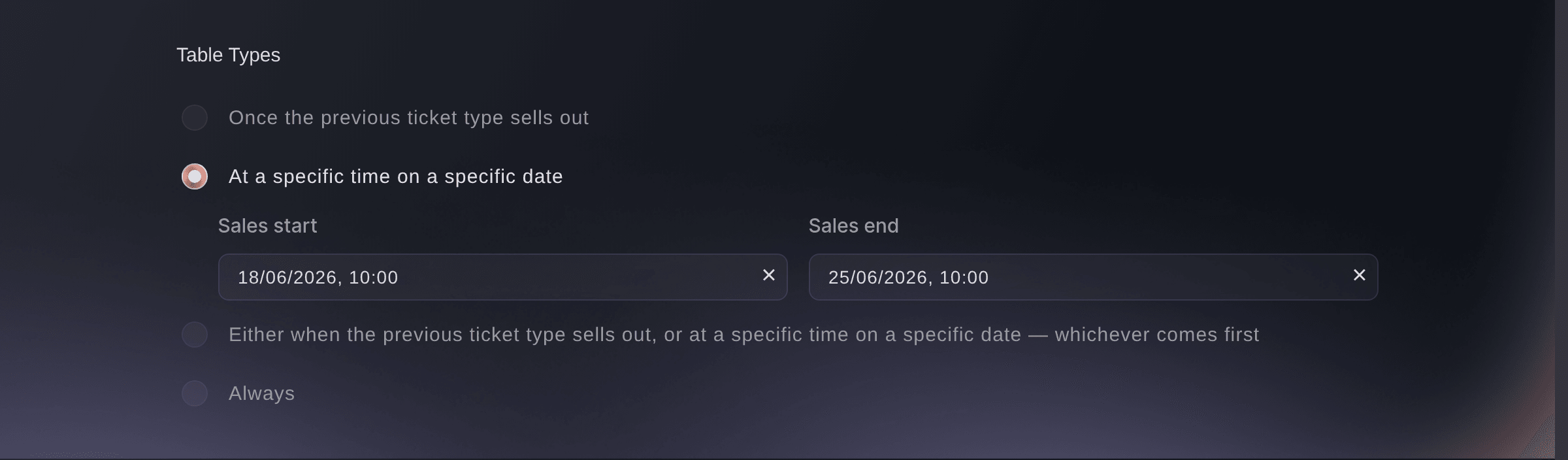 Ticket Fairy table type sale dates with a sales start and end for a VIP booth