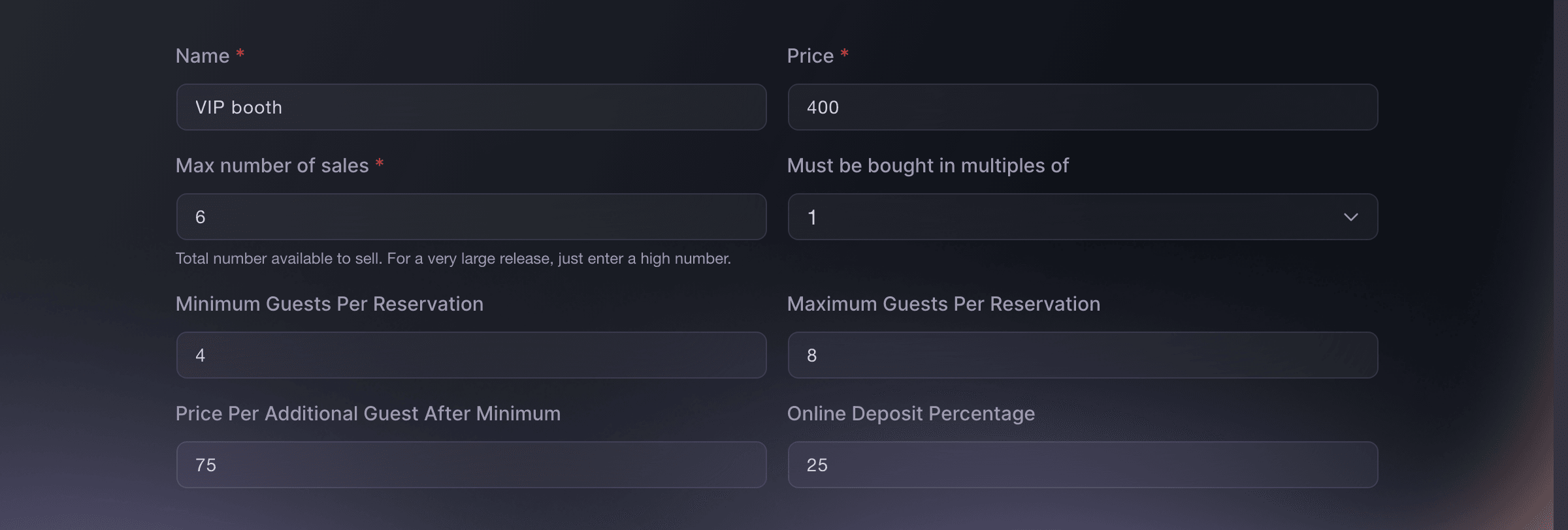 Ticket Fairy VIP booth form with the price, allocation, guest limits and deposit