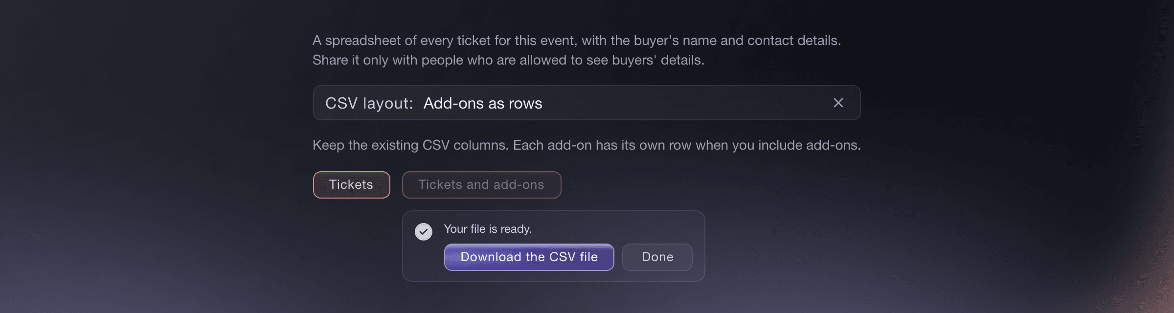 Ticket Fairy buyer download options with tickets and a prepared file of tickets and add-ons