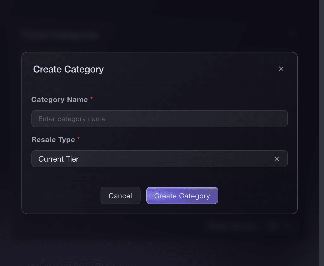 Ticket Fairy Create Category dialog with the Category Name and Resale Type fields