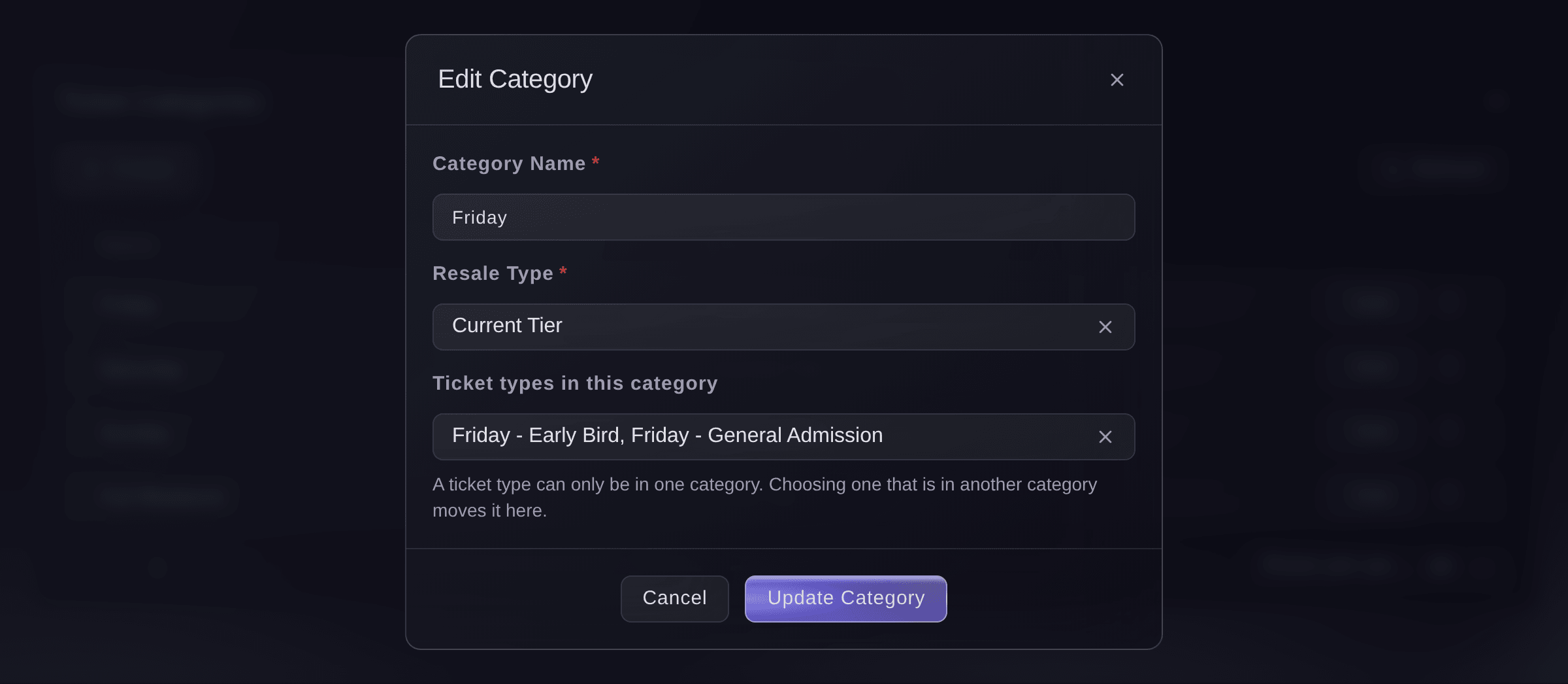 Ticket Fairy Edit Ticket Category dialog with the existing name and resale type