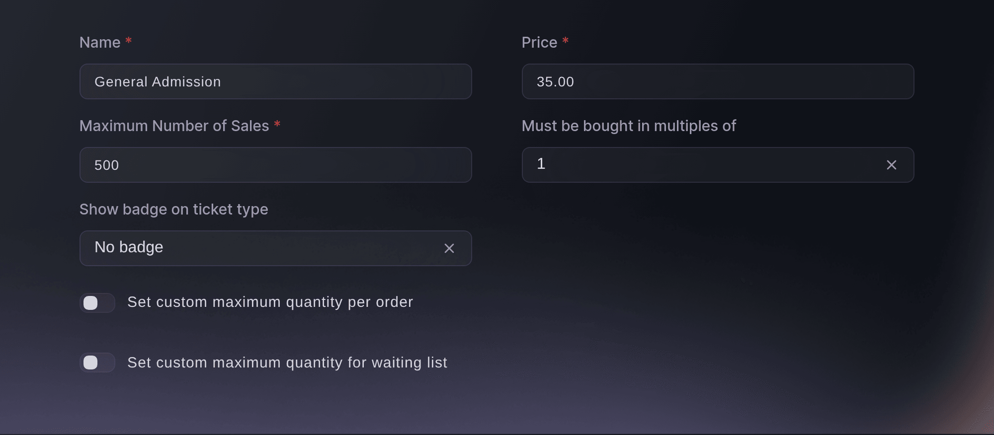 Ticket Fairy ticket type form with the name, price, Maximum Number of Sales and purchase multiple