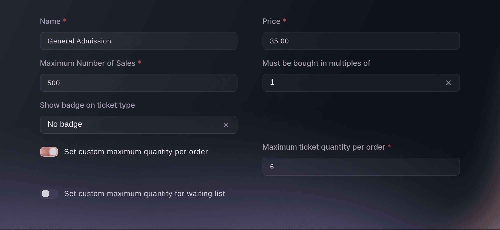 Ticket Fairy ticket type window with Set custom maximum quantity per order turned on and a limit of six