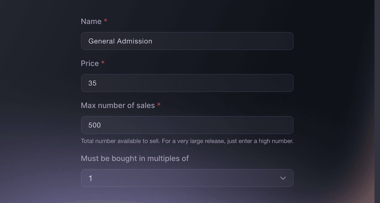 Ticket Fairy ticket type form with General Admission name, price, allocation and purchase multiple