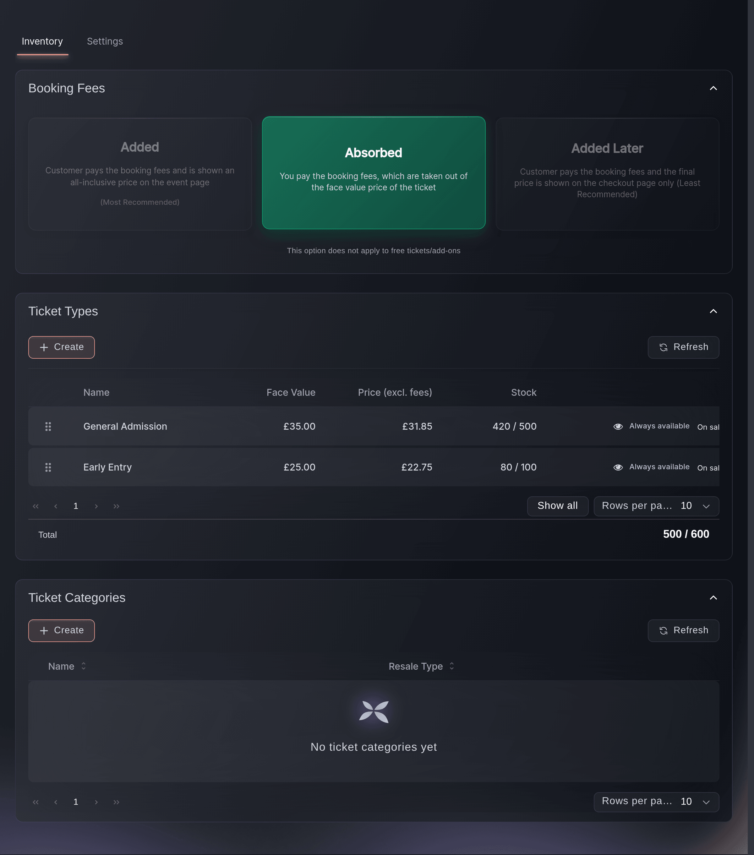 Ticket Fairy Tickets page with the Booking Fees choice set to Absorbed and the Ticket Types table showing the price excluding fees