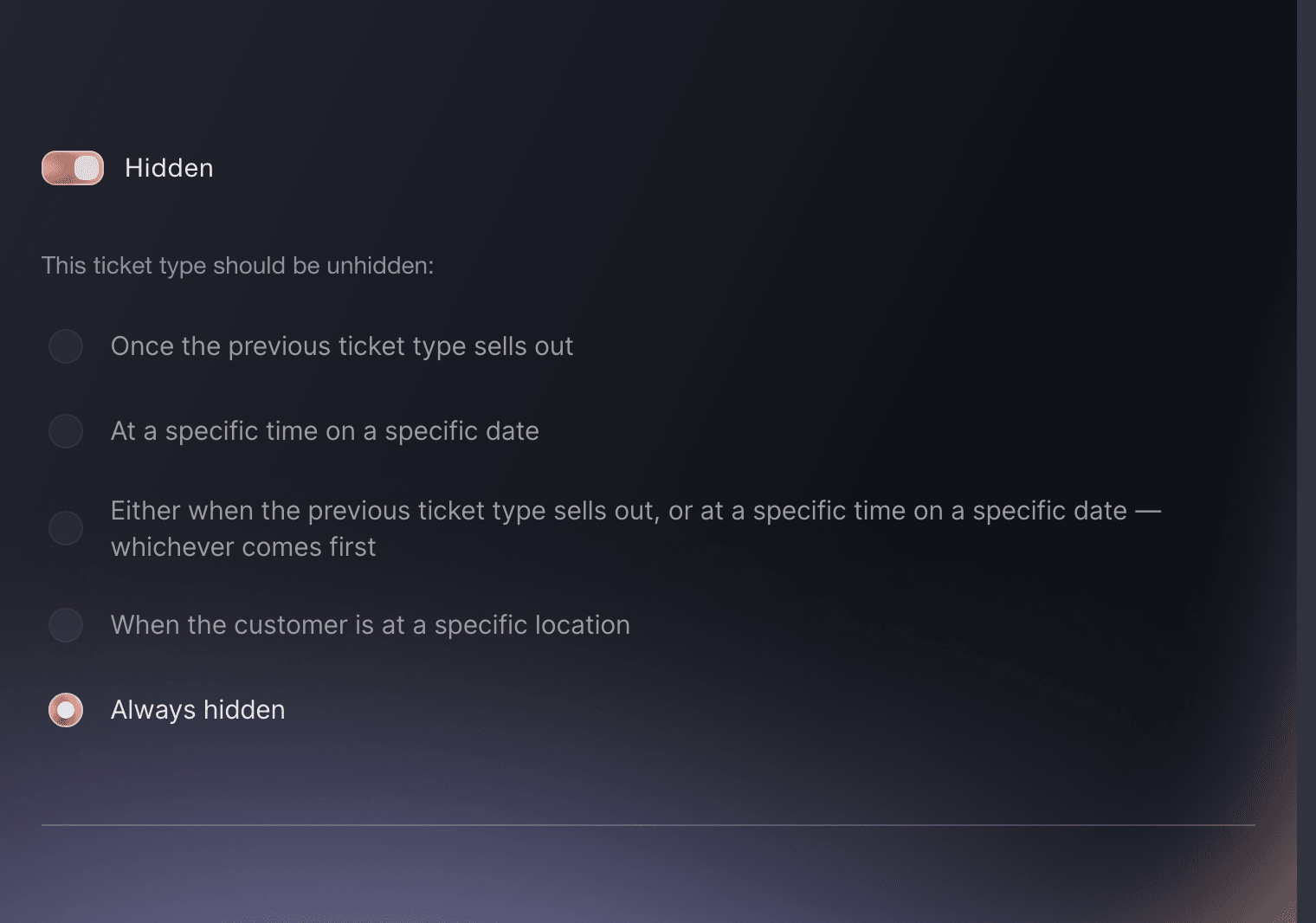 Ticket Fairy ticket options with Hidden enabled and Always hidden selected