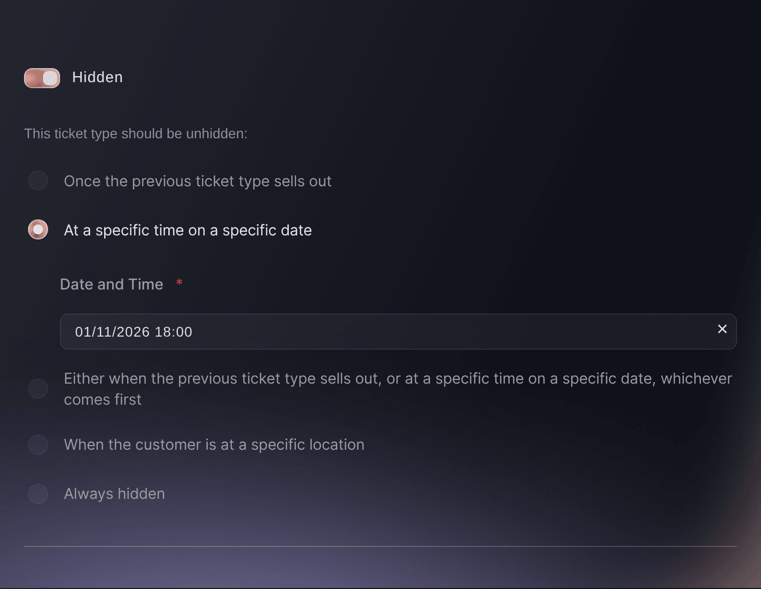 Ticket Fairy ticket options with a hidden release scheduled to become visible