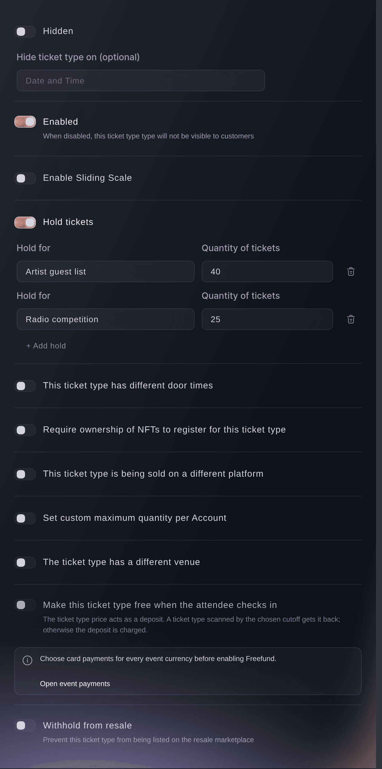 Ticket Fairy ticket type options with Hold tickets on and two named reserves