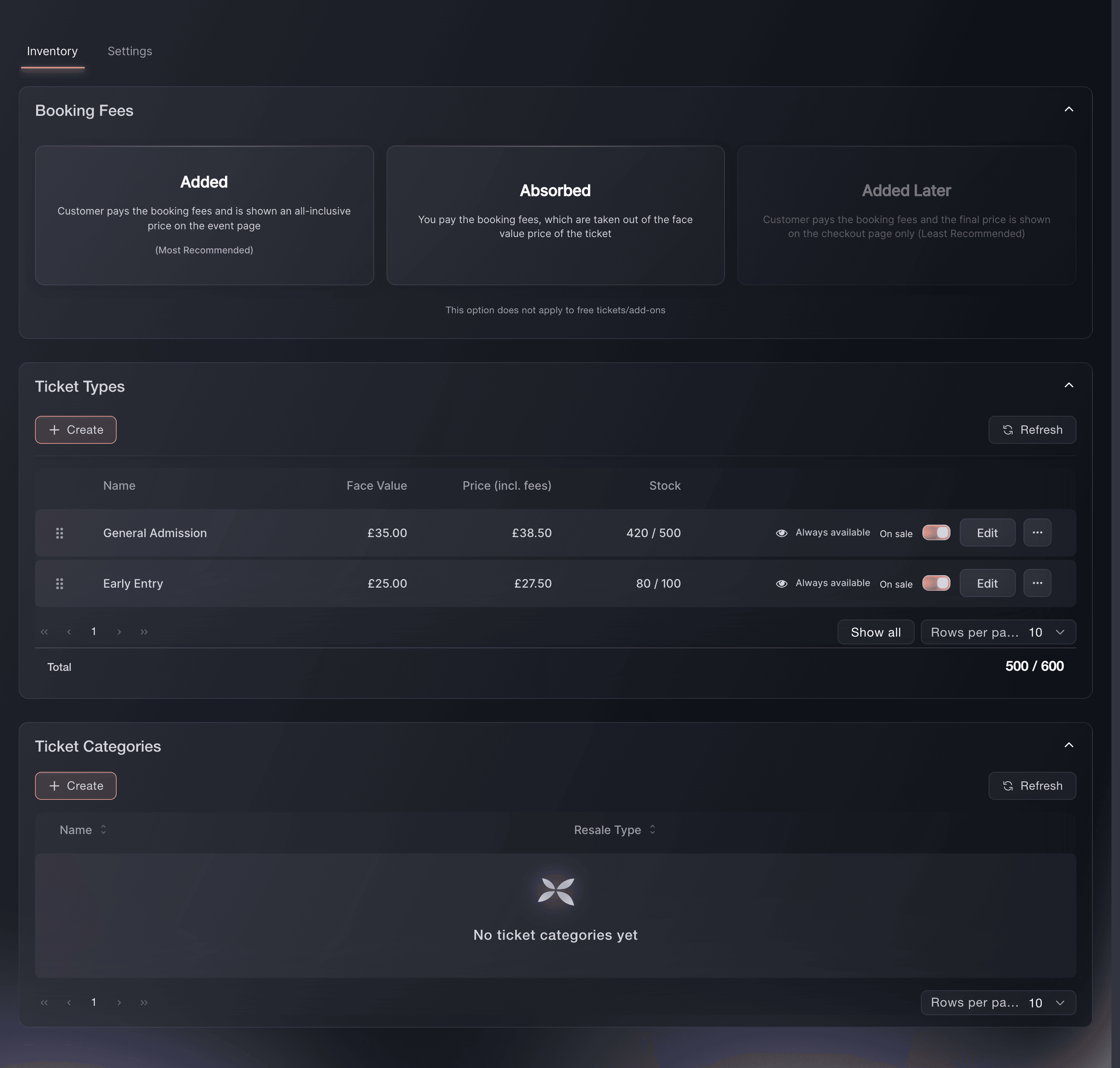 Ticket Fairy Ticket Types inventory with General Admission and the Create action