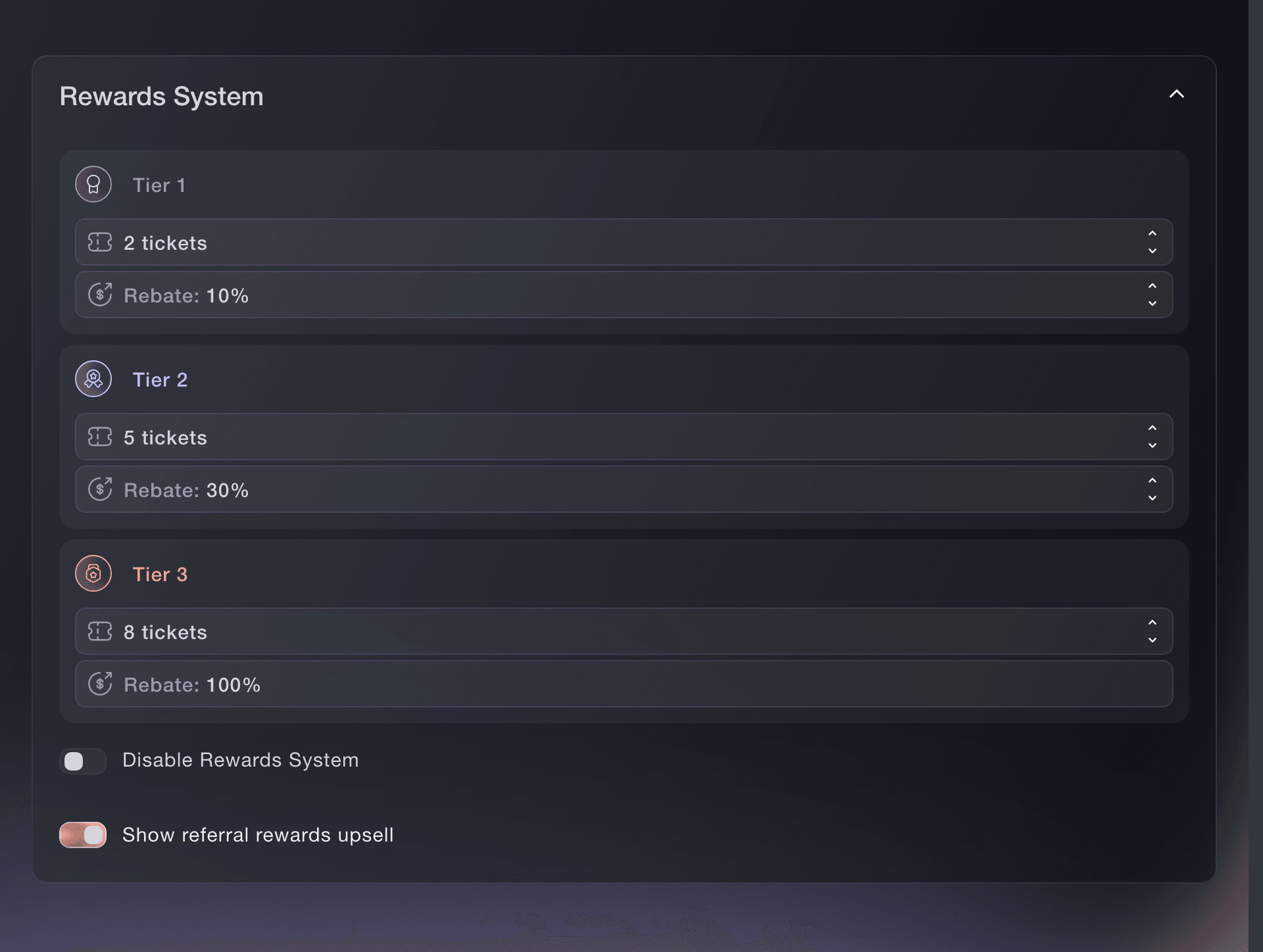 The Rewards System card in Ticket Settings, with three referral reward tiers and the buyer offer turned on