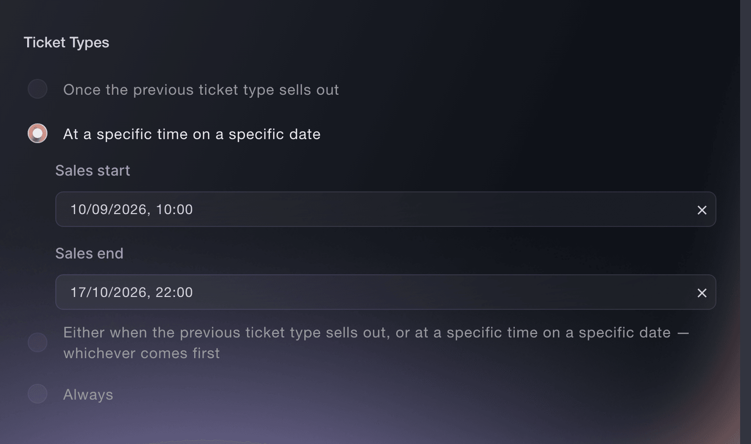 Ticket Fairy ticket availability section with a scheduled sales start and end