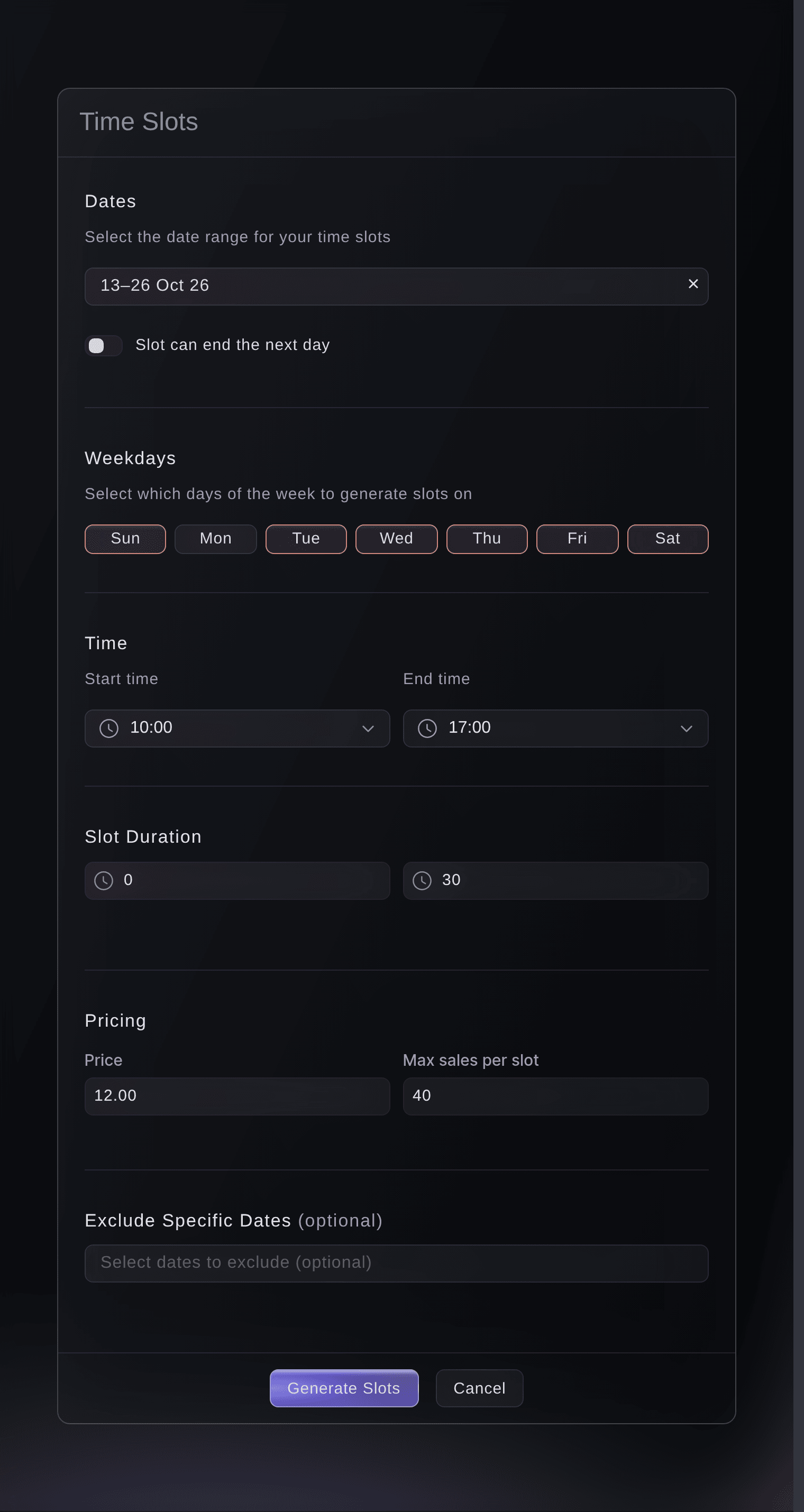 Ticket Fairy Time Slots dialog with a two-week date range, weekdays, opening hours, a thirty-minute slot duration, price and maximum sales per slot