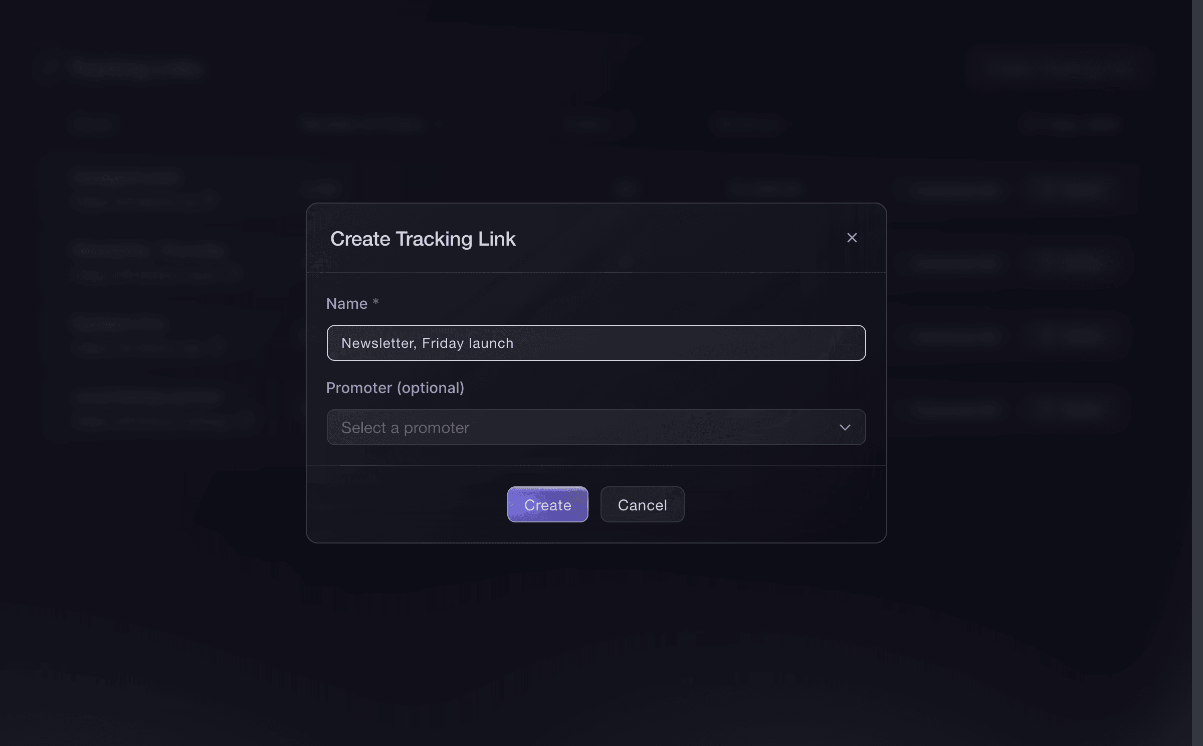 Ticket Fairy Create Tracking Link dialog above the event tracking table