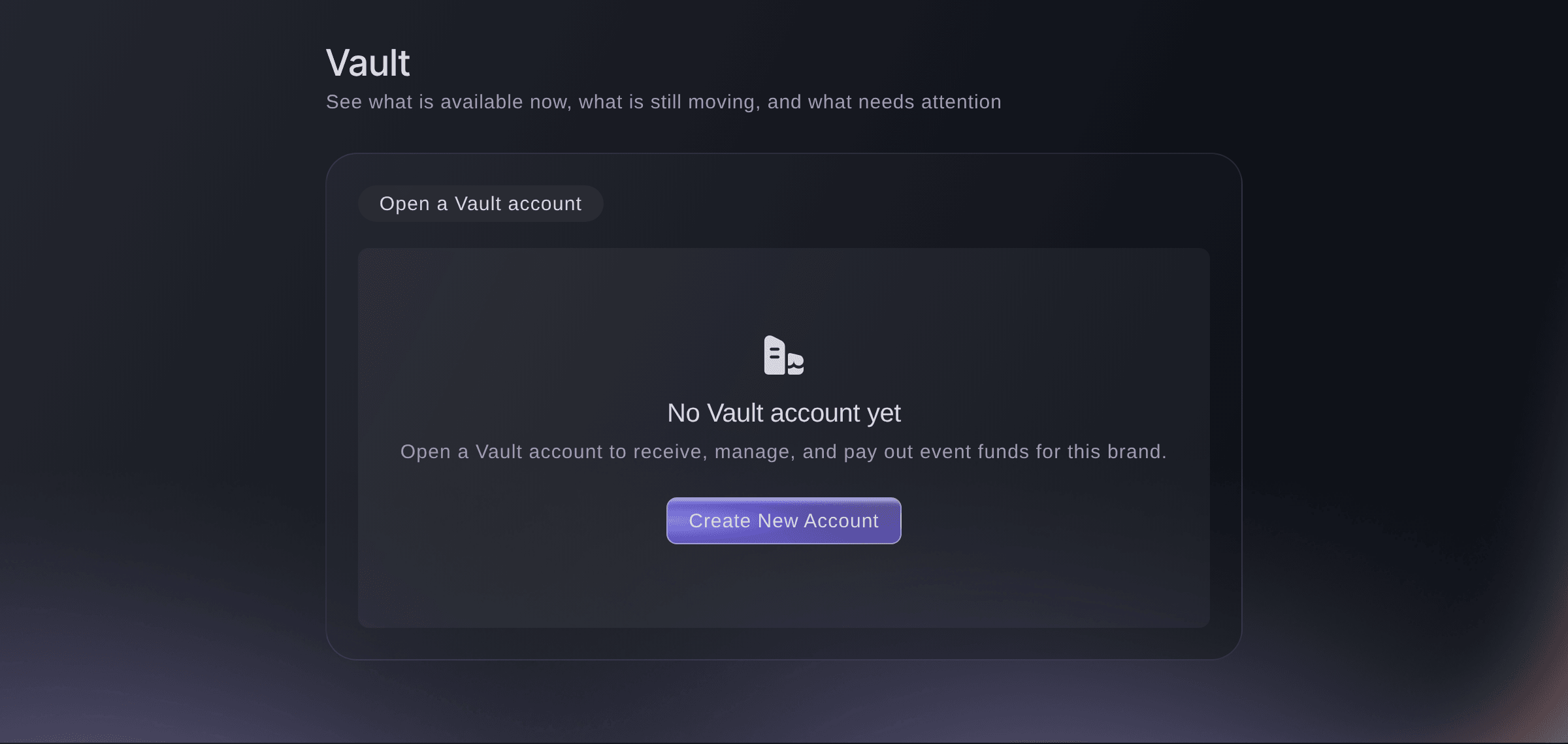 Ticket Fairy Vault page for a brand with no Vault account yet, with Create New Account