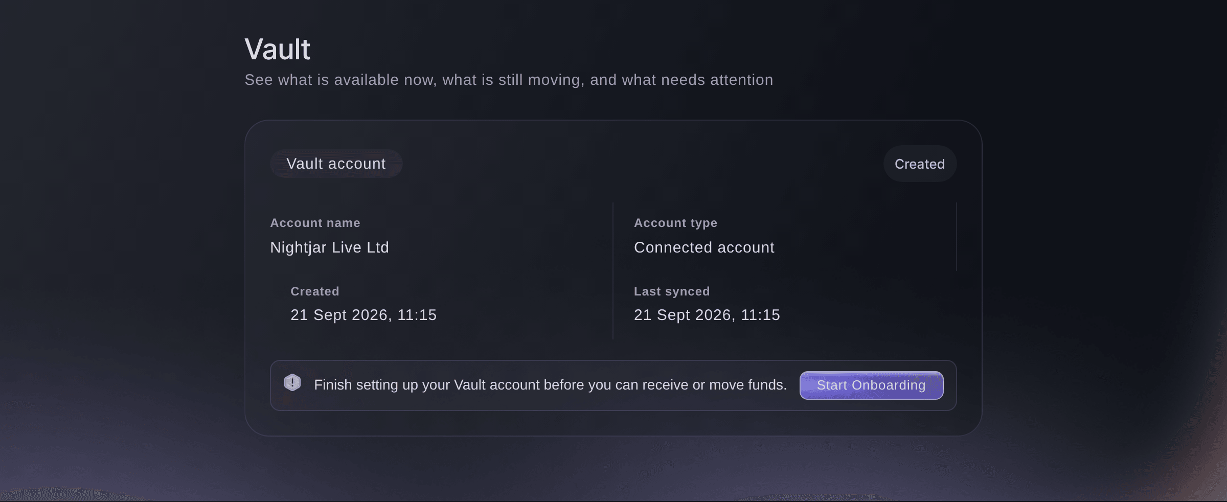 Ticket Fairy Vault account card with the status Created and Start Onboarding