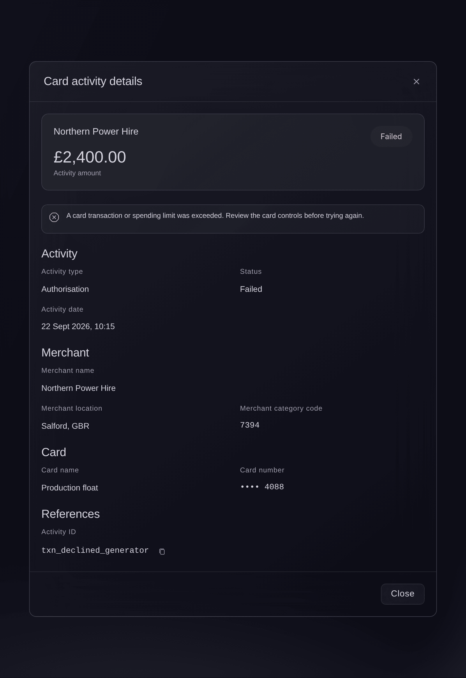 Ticket Fairy Card activity details for a declined payment, with the reason that a card spending limit was exceeded