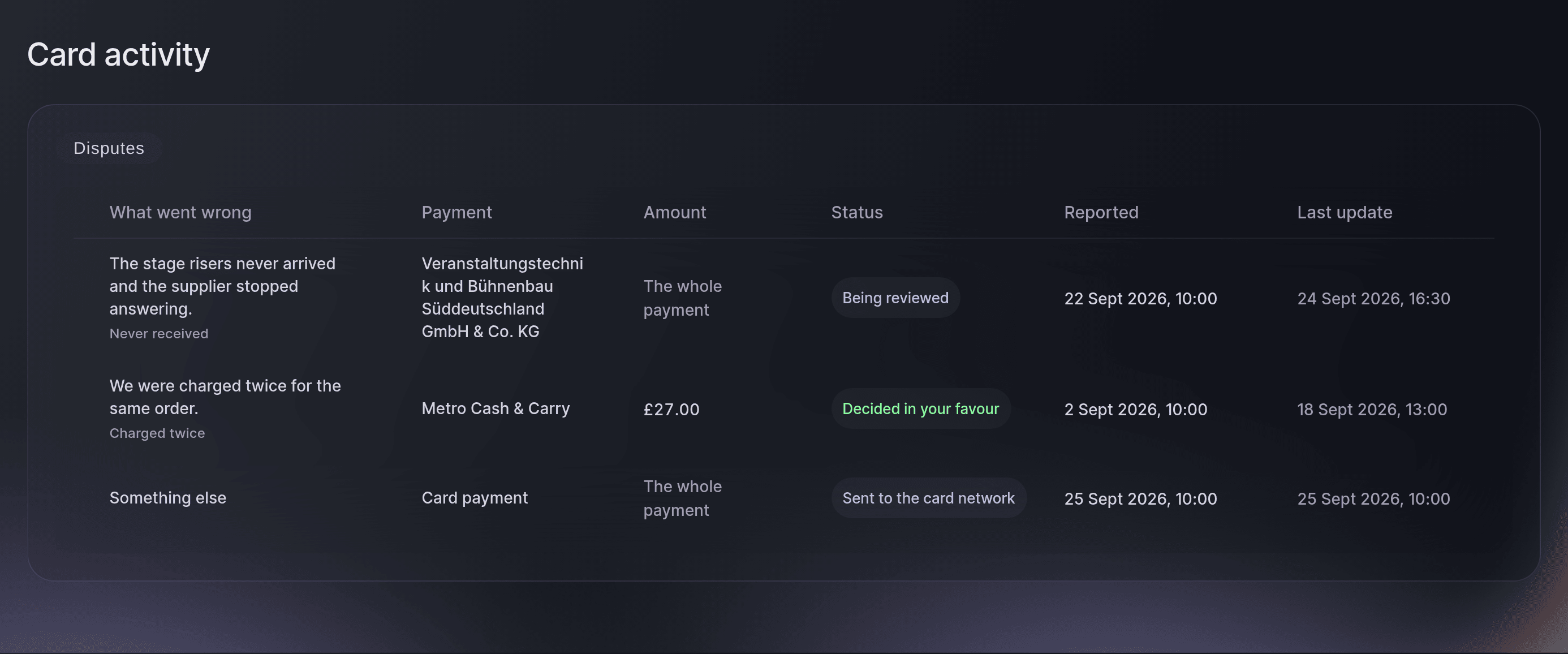 Ticket Fairy Vault Card activity Disputes with one dispute being reviewed, one decided in the brand's favour and one sent to the card network