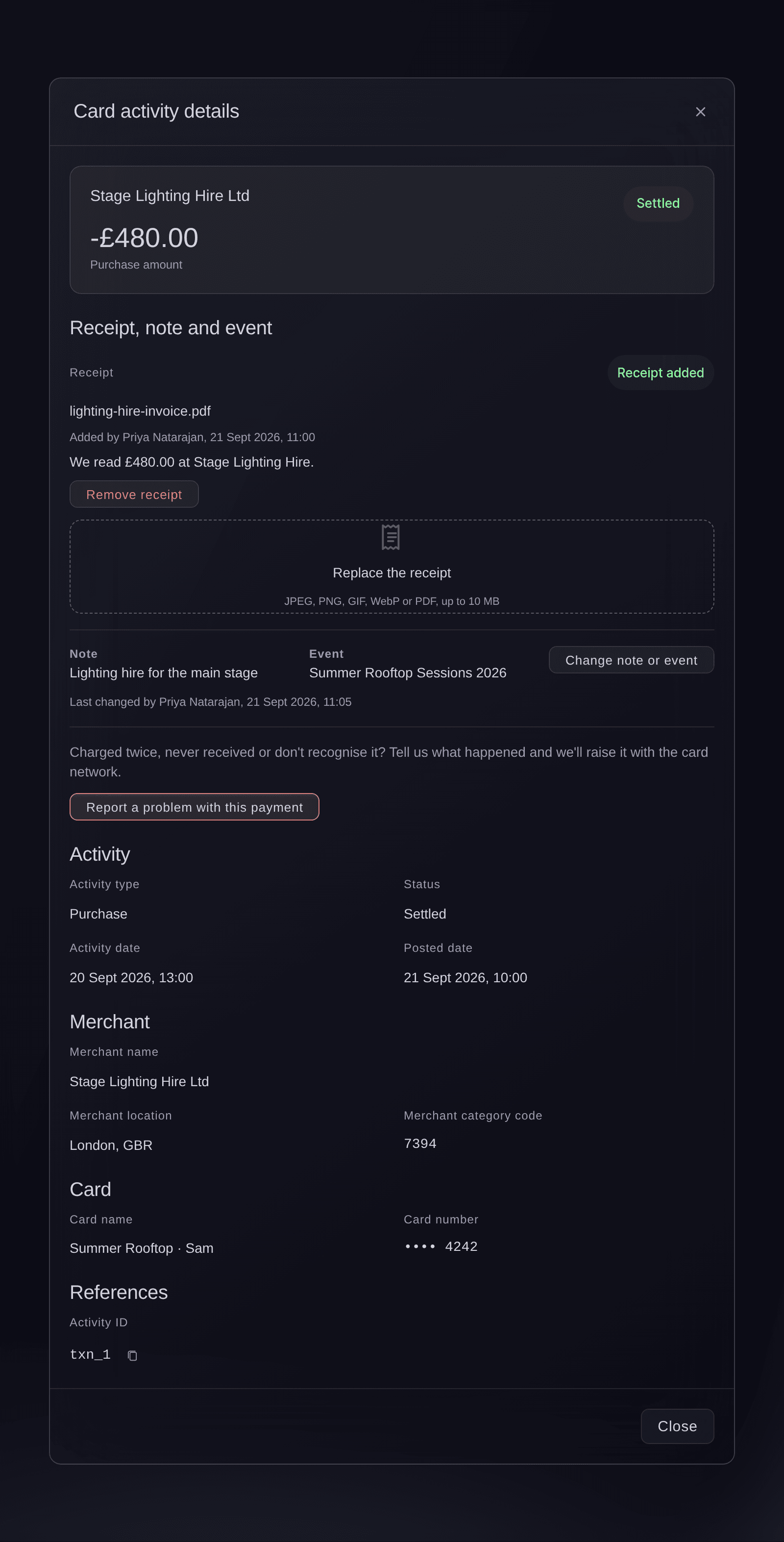 Ticket Fairy Vault card payment with its receipt added, the total read from it, a note and the event it was for