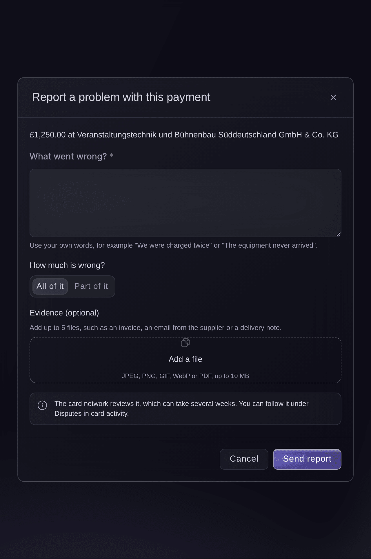 Ticket Fairy Vault Report a problem with this payment for a card payment to a stage supplier, with what went wrong, how much is wrong and evidence to add