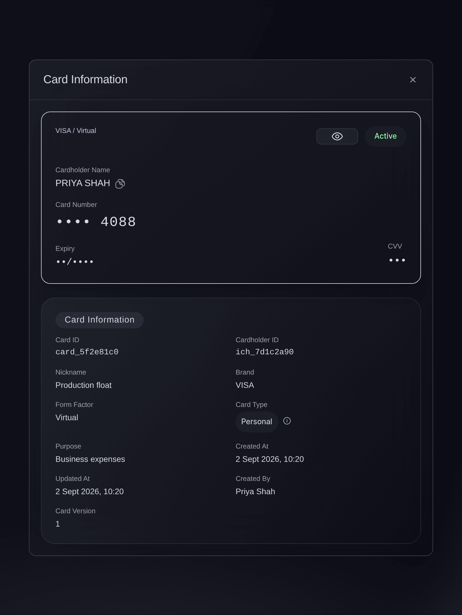 Ticket Fairy Card Information window for an active virtual Visa card, its number hidden, with its card details below