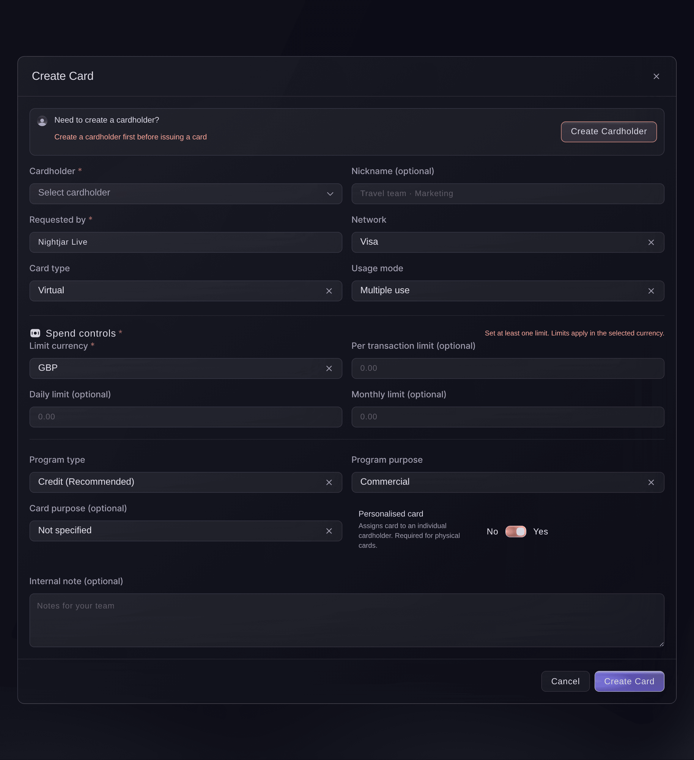 Ticket Fairy Create Card window with cardholder, nickname, network, card type, usage mode, spend controls and program settings