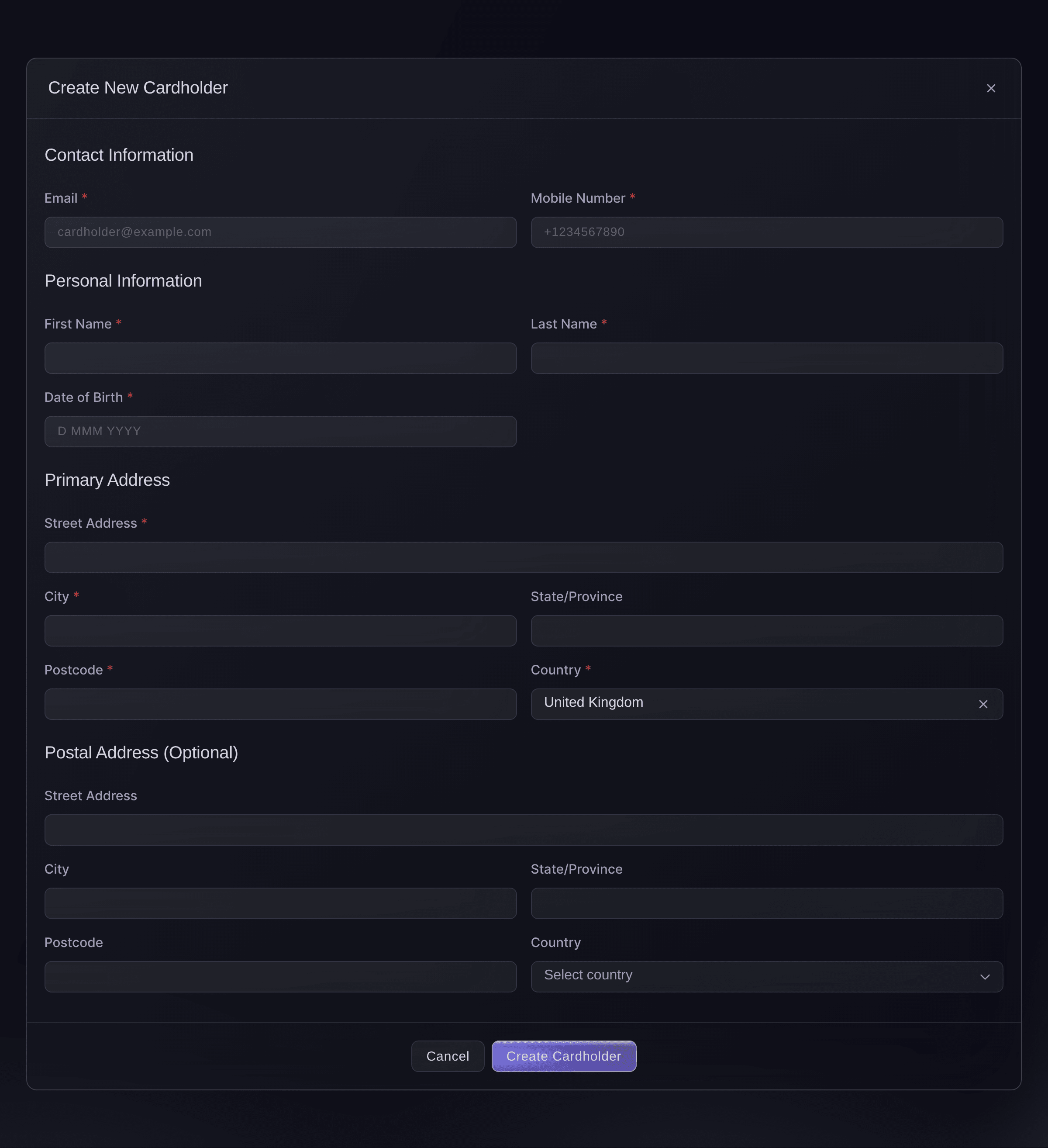 Ticket Fairy Create New Cardholder window with contact information, personal information and address fields
