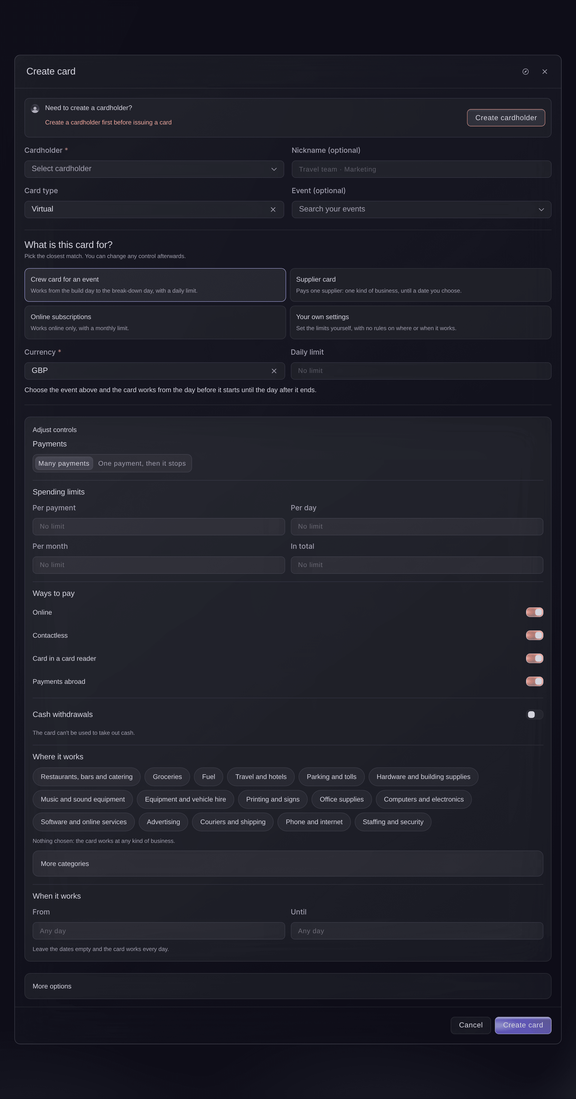 Ticket Fairy Vault Create card with Crew card for an event chosen and its controls open: the dates it works, a daily limit, ways to pay and where it works