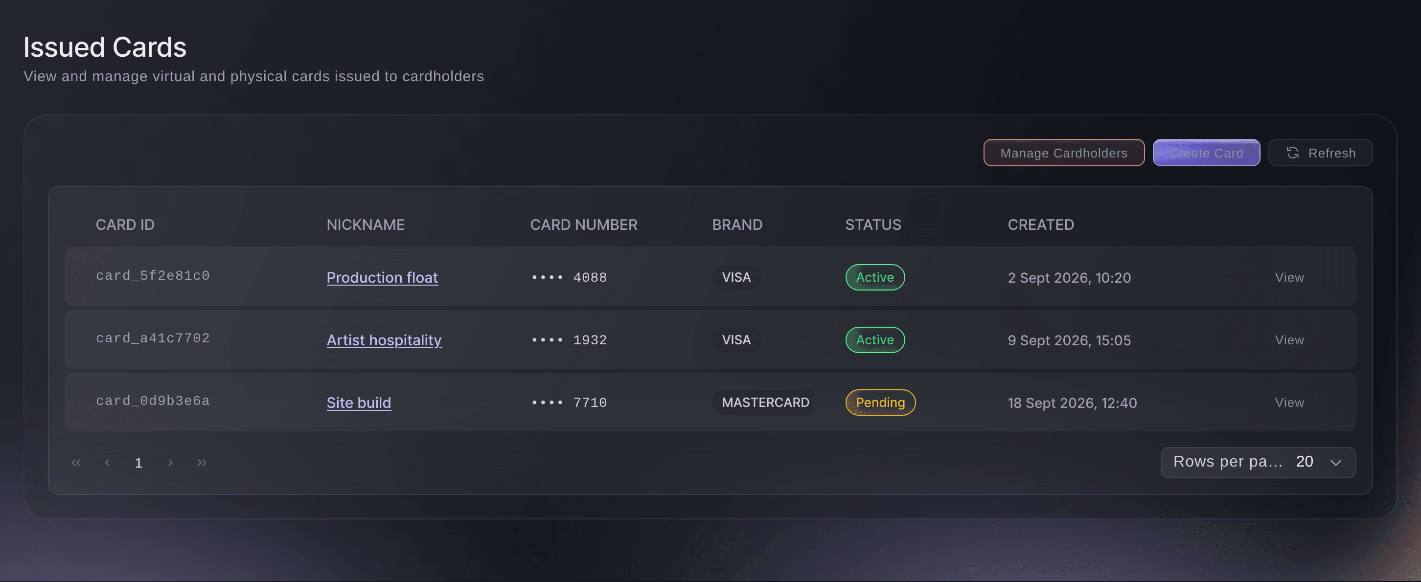 Ticket Fairy Issued Cards page listing three Vault cards with nickname, card number, network, status and created date