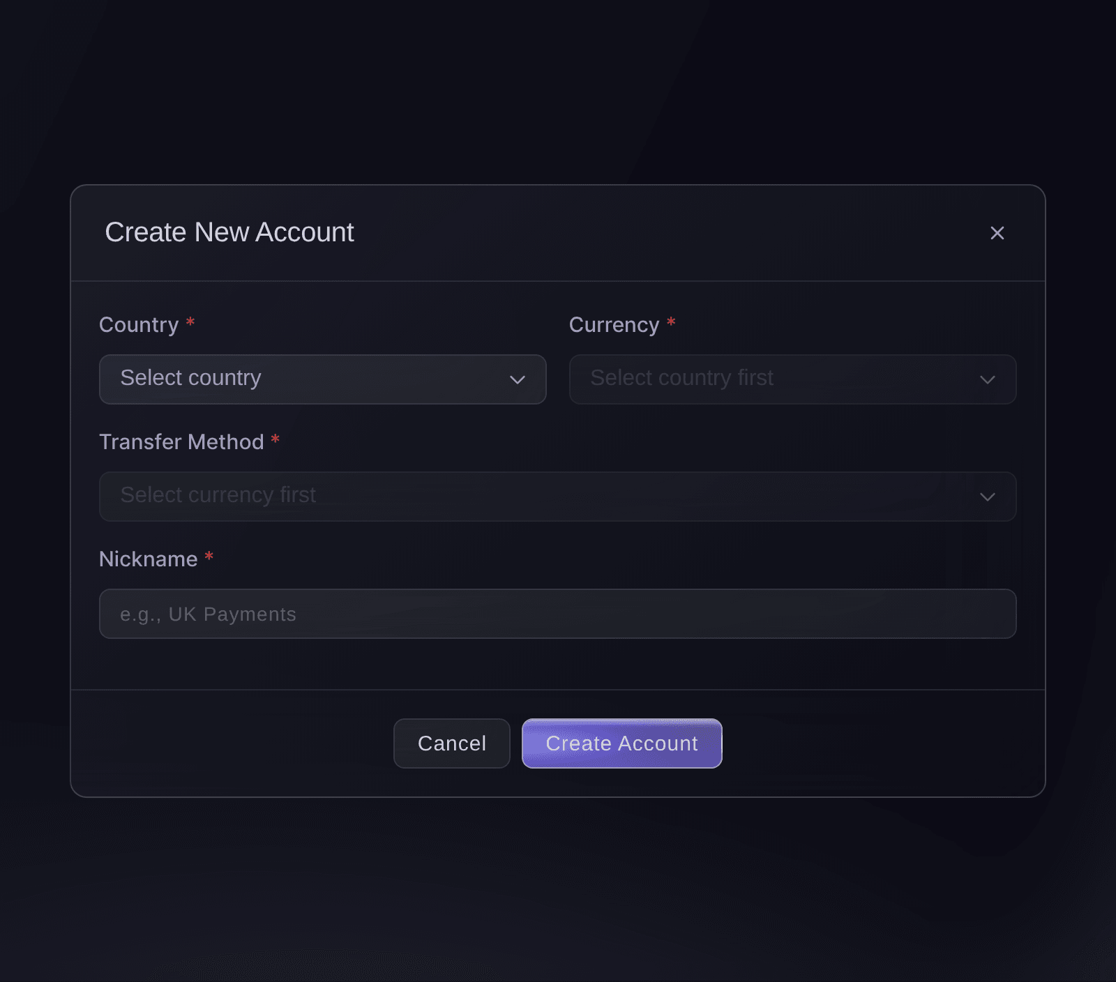 Ticket Fairy Create New Account window with country, currency, transfer method and nickname