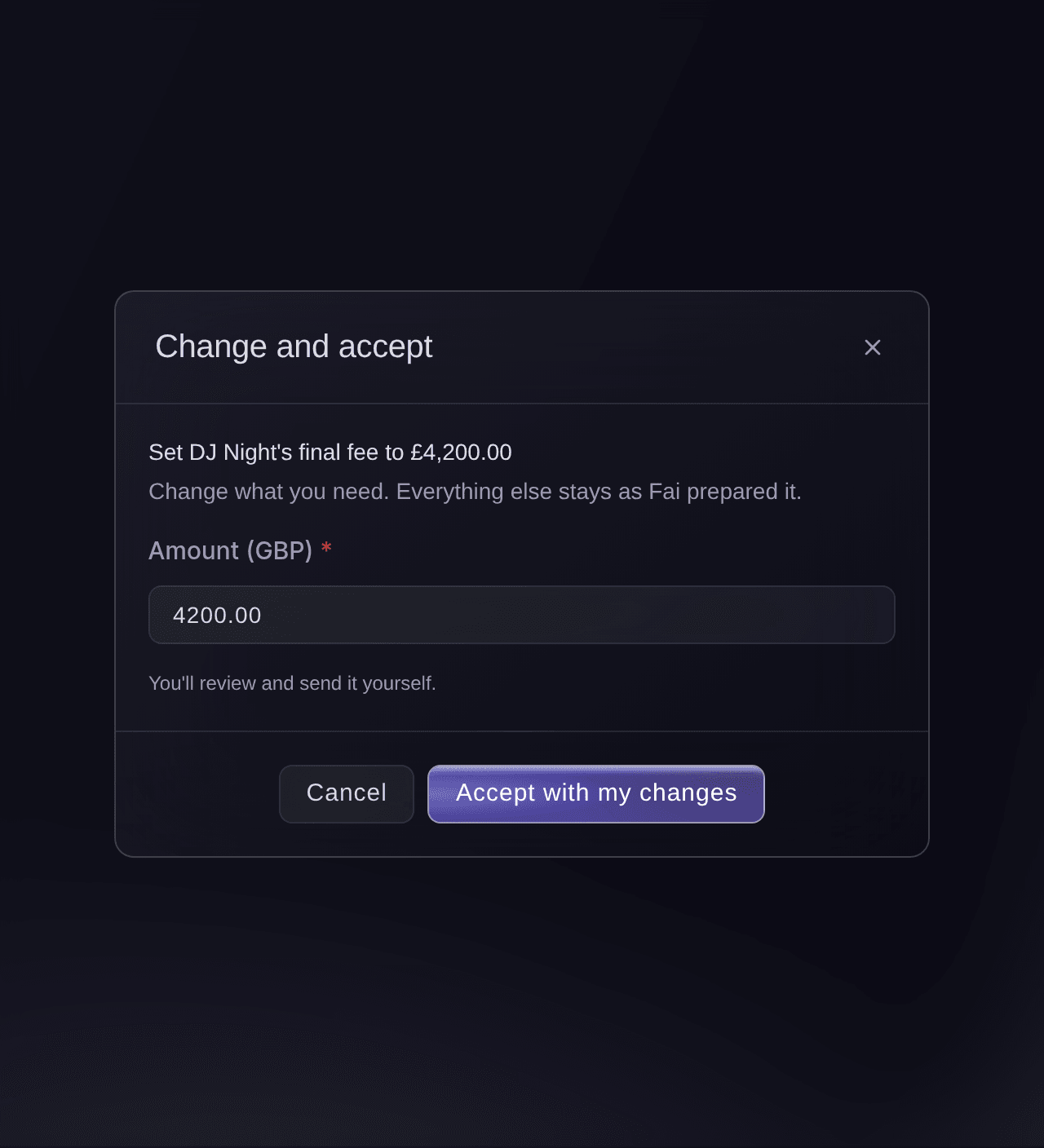 Ticket Fairy Vault Change and accept dialog with the artist's final fee ready to change before accepting