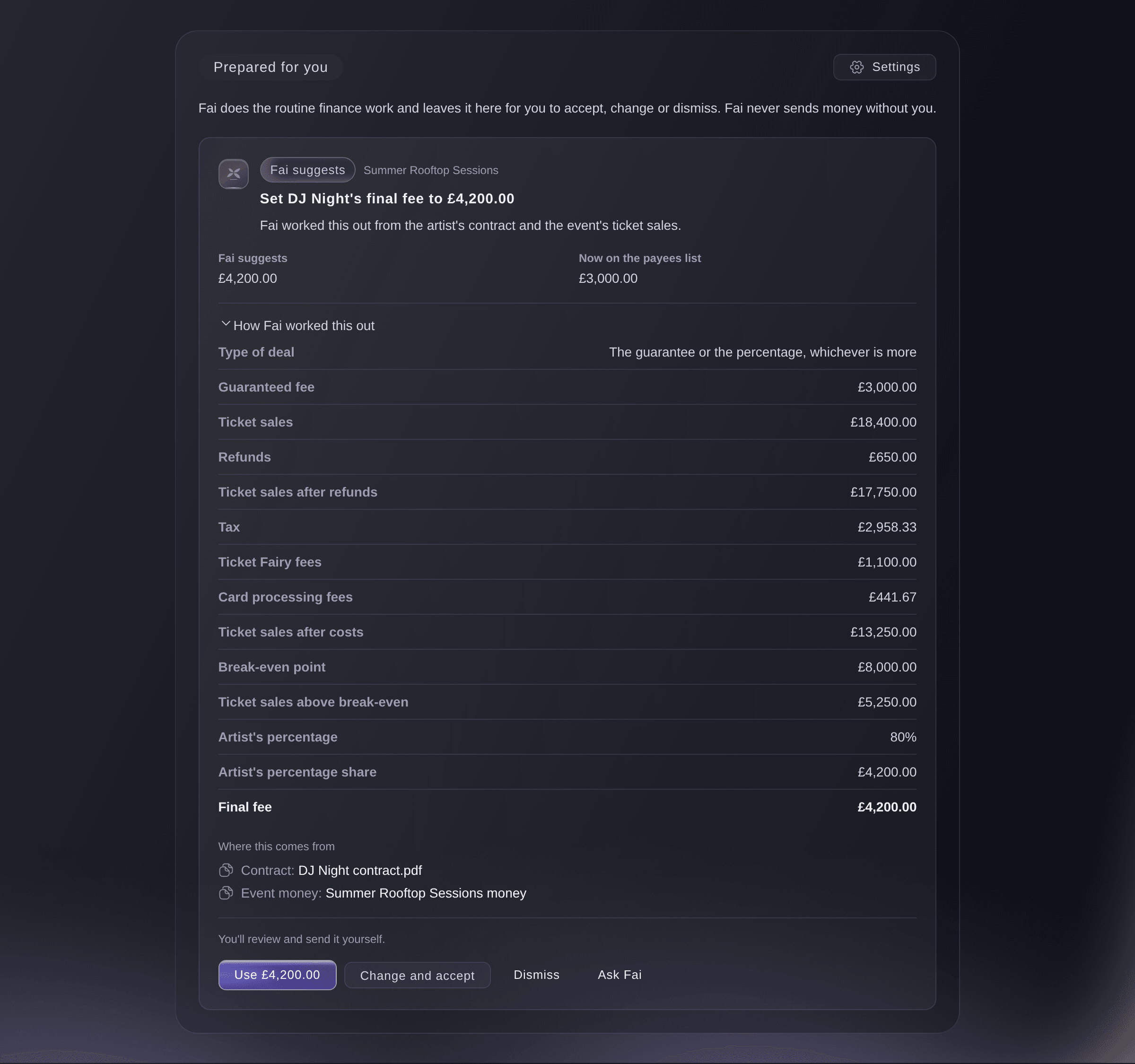 Ticket Fairy Vault suggestion for an artist's percentage deal with every step of Fai's working and the contract and event money it came from