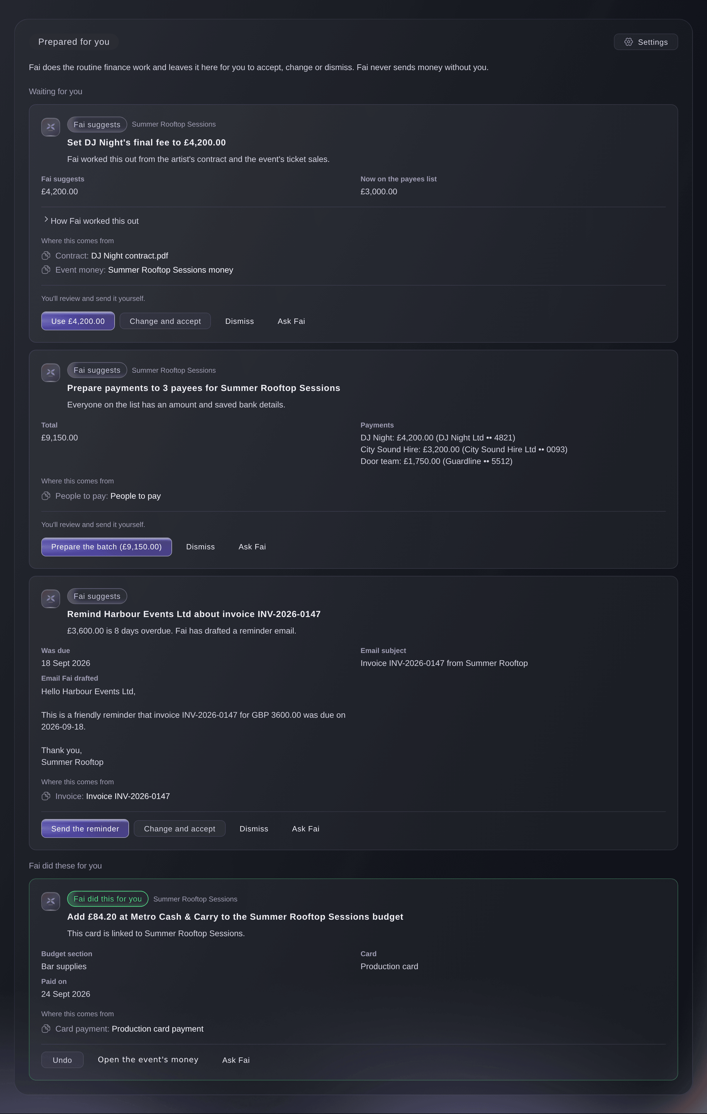 Ticket Fairy Vault Prepared for you with a percentage deal fee, a payment batch and an invoice reminder waiting, and a card payment Fai added to an event budget