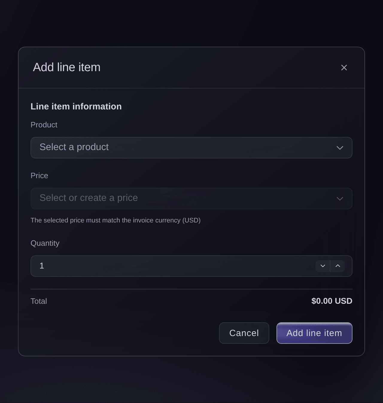 Ticket Fairy Add line item dialog with the product, price and quantity fields and the running total