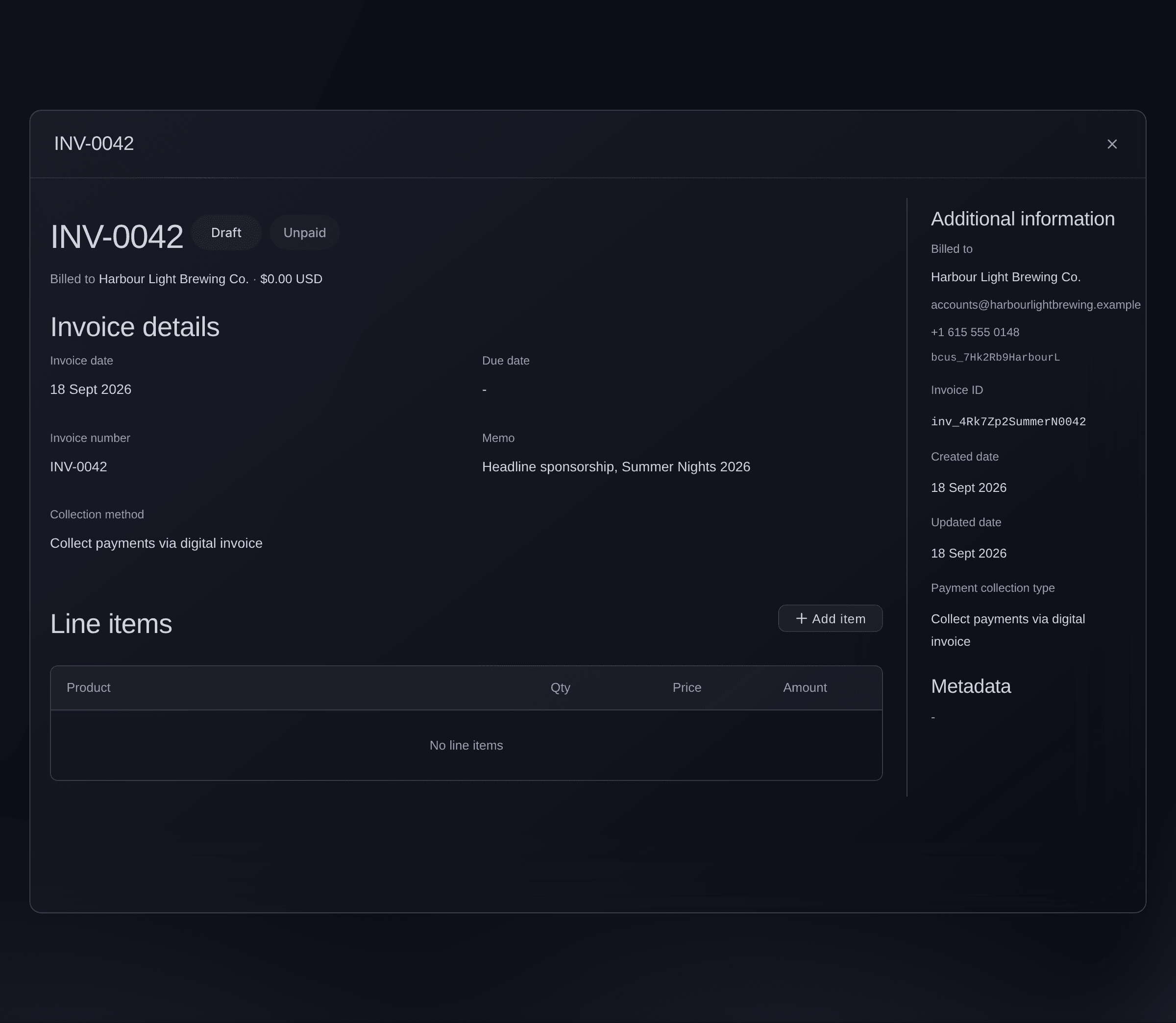 Ticket Fairy Vault invoice details for a new draft sponsorship invoice, with no line items yet and the Add item button
