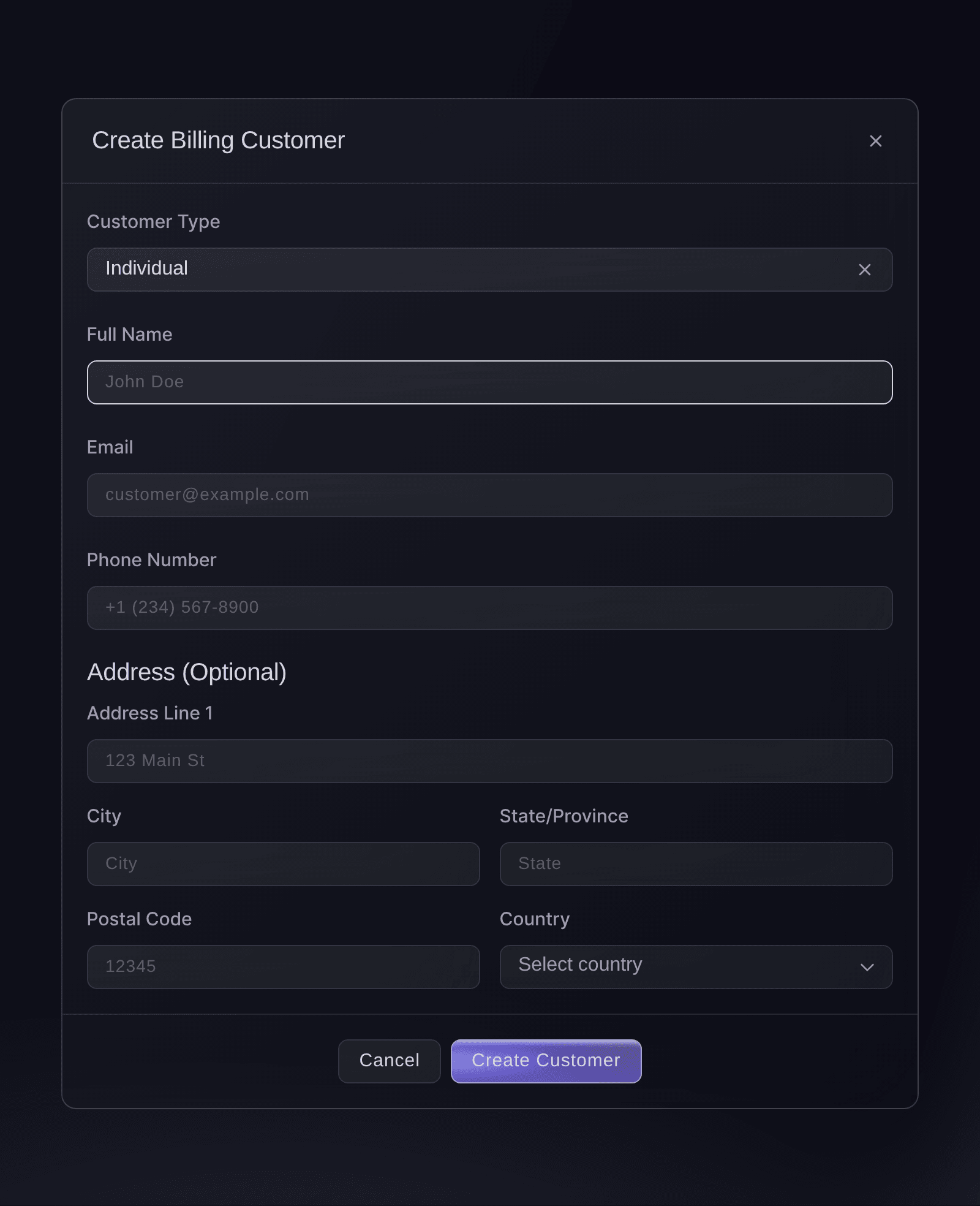Ticket Fairy Create Billing Customer dialog with the customer type, name, email, phone number and billing address fields