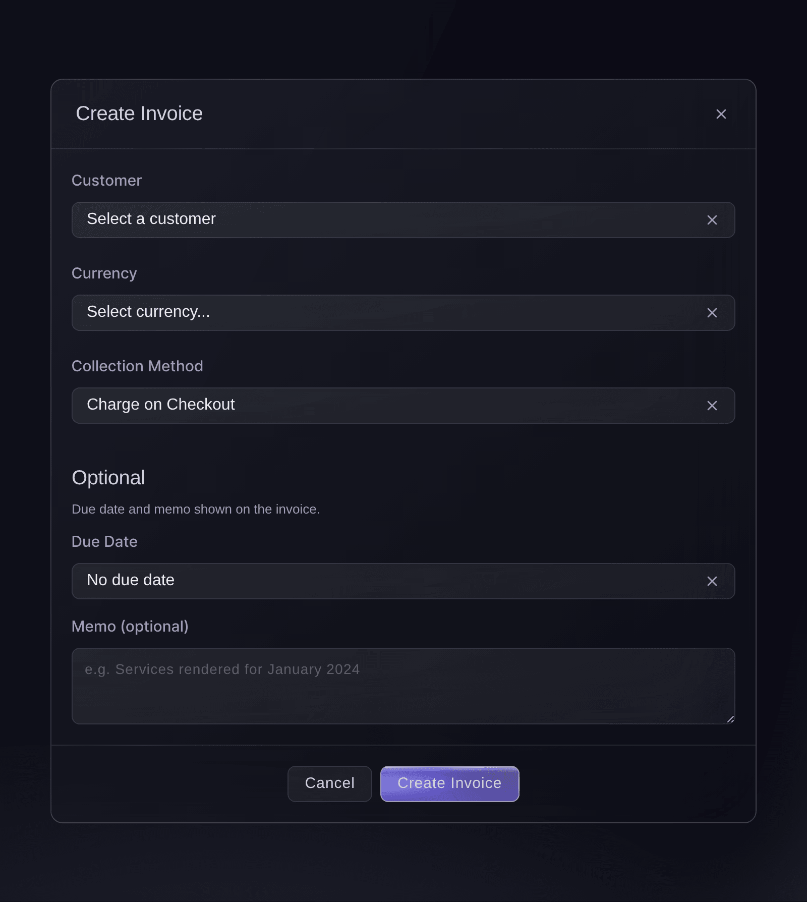 Ticket Fairy Create Invoice dialog with the customer, currency and collection method, and an optional due date and memo