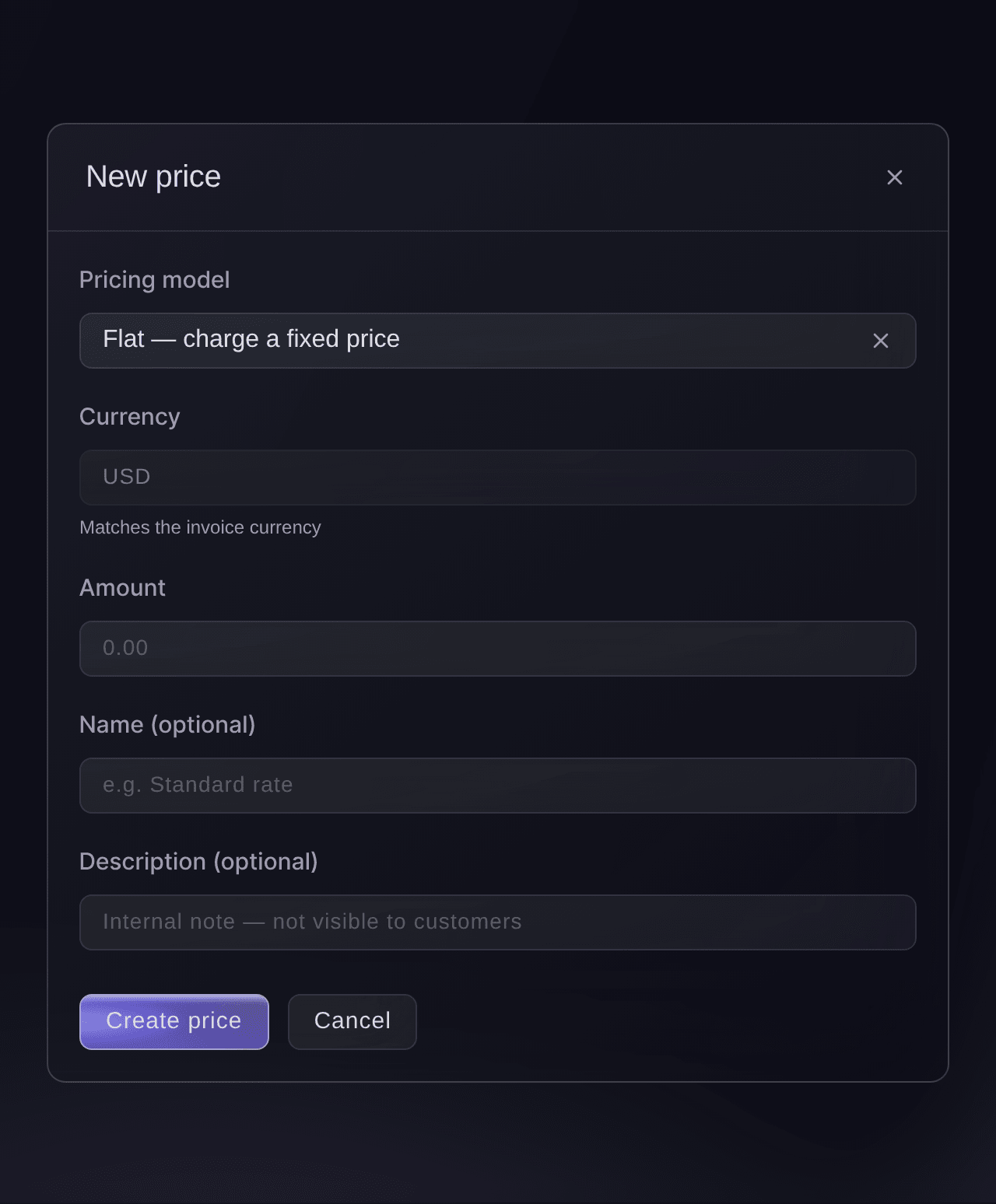 Ticket Fairy New price dialog for an invoice, with the pricing model, the invoice's currency, the amount and an optional name