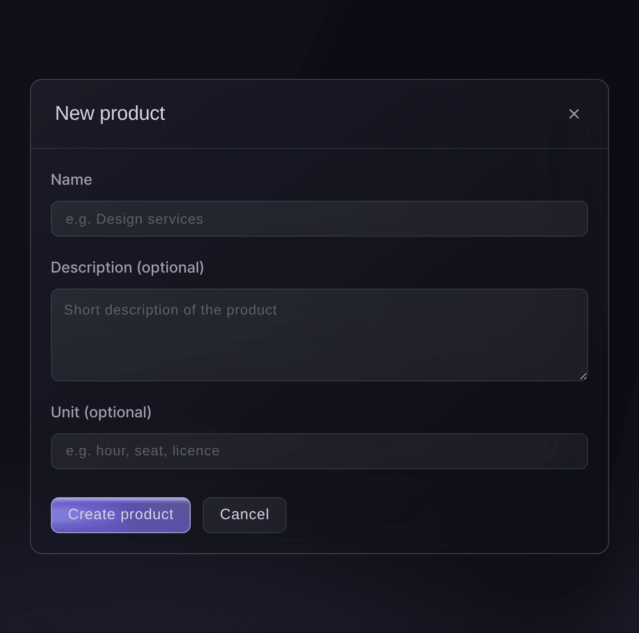 Ticket Fairy New product dialog for an invoice, with the name, description and unit fields