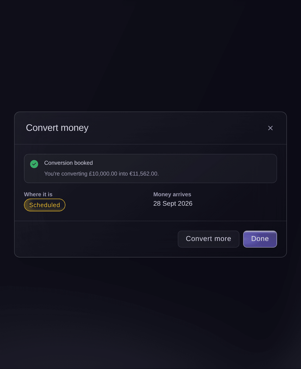 Ticket Fairy Vault Conversion booked, converting &pound;10,000.00 into &euro;11,562.00 with where it is and when the money arrives