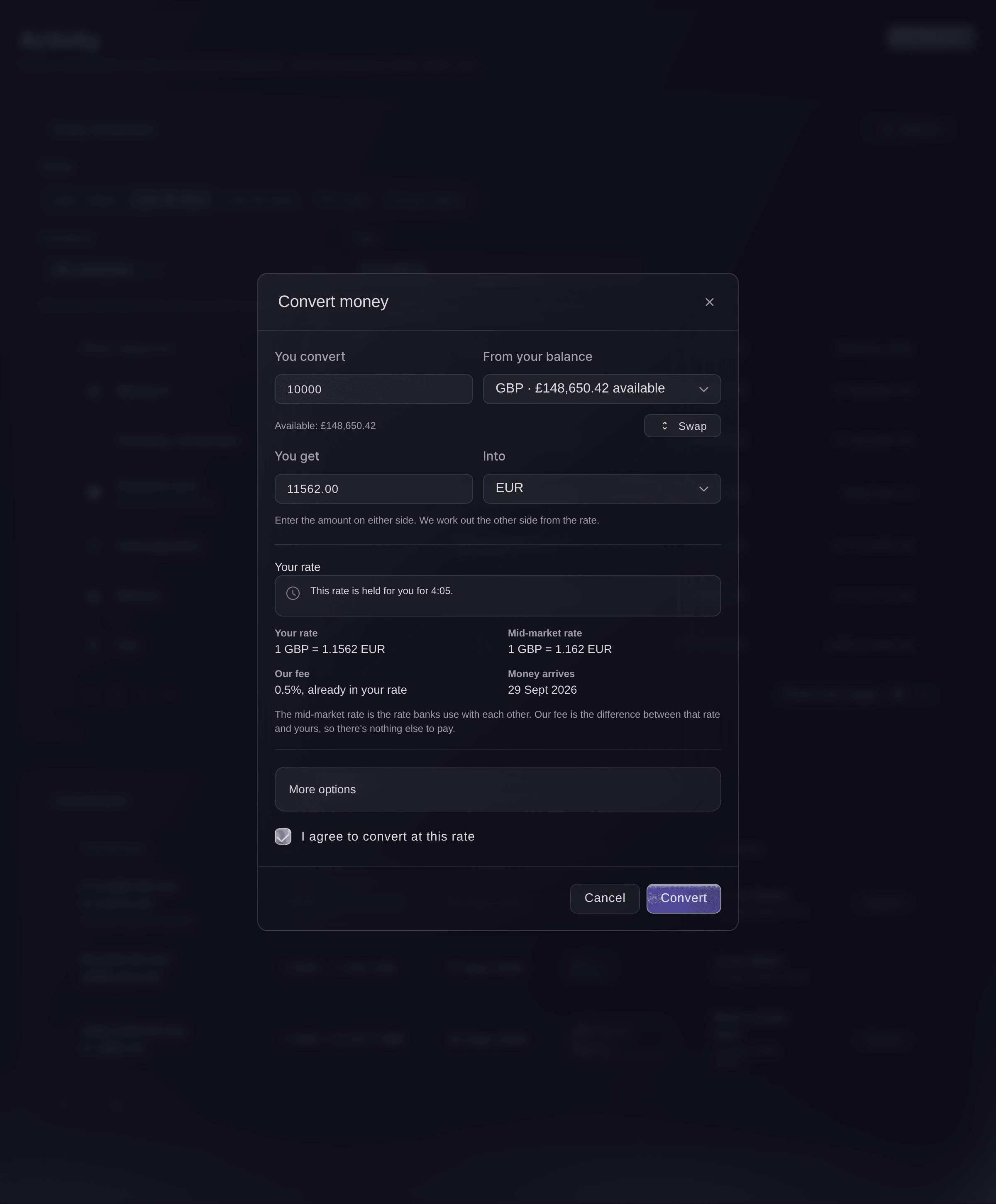 Ticket Fairy Vault Convert money dialog converting &pound;10,000.00 into euros, with the rate held, the mid-market rate, the fee and the box to agree ticked